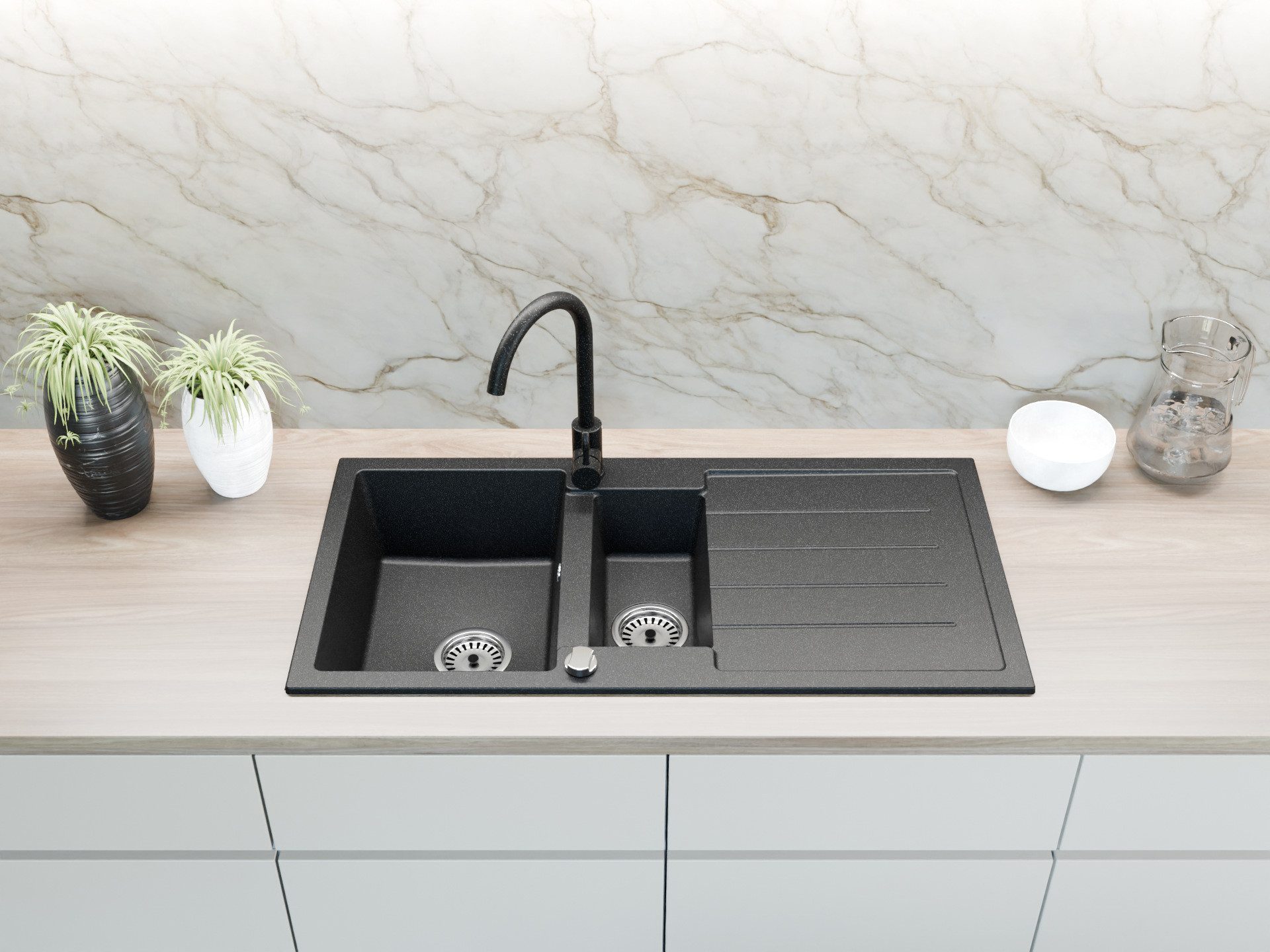 Faizee Möbel Granitspüle Granitspüle 100x50 cm mit Armatur Spülbecken Küche, Eckig, 100/17 cm, aus Granit, (Komplett-Set), Mit Küchen-Armatur Mit Komplett-Siphon-Set