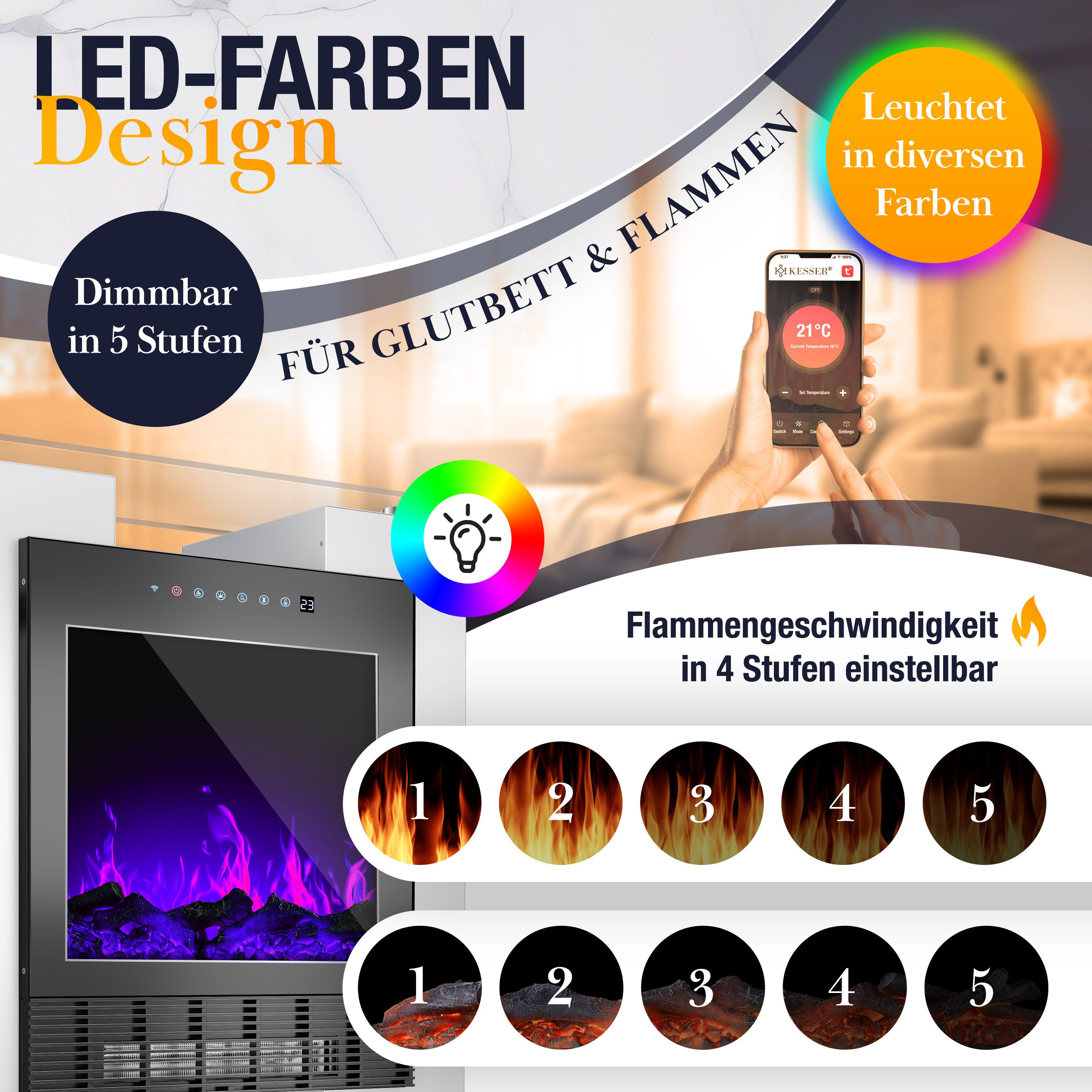 KESSER Elektrokamin LED Kamin mit Heizung & Thermostat Flammeneffekt per App Fernbedienung, Heizlüfter 15-35°C, Standkamin mit realistischem Feuer, Timer & WLAN