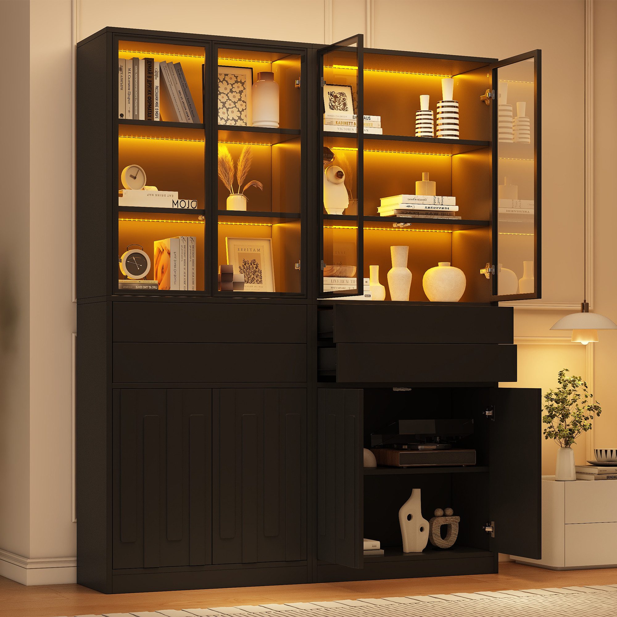 Merax Vitrine mit LED-Beleuchtung, Standvitrine mit 4 Türen aus Sicherheitsglas (70 × 34 × 180 cm, 2-St., Glasvitrine Standvitrine) Hochschrank mit 2 Schubladen, 7 Staufächer & verstellbare Einlegeböden