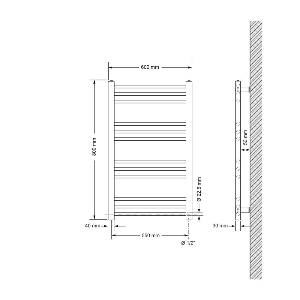 LuxeBath Badheizkörper Designheizkörper Handtuchtrockner Handtuchheizkörper Handtuchheizung, Weiß 600x800mm gerade Seitenanschluss Heizstab 300W Thermostat – Bild 5 von 5