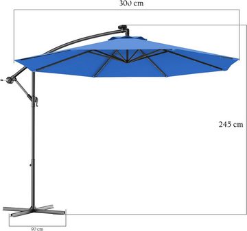 KOMFOTTEU Sonnenschirm Balkonschirm, mit LED Beluchtung, Ampelschirm ∅300cm, Blau