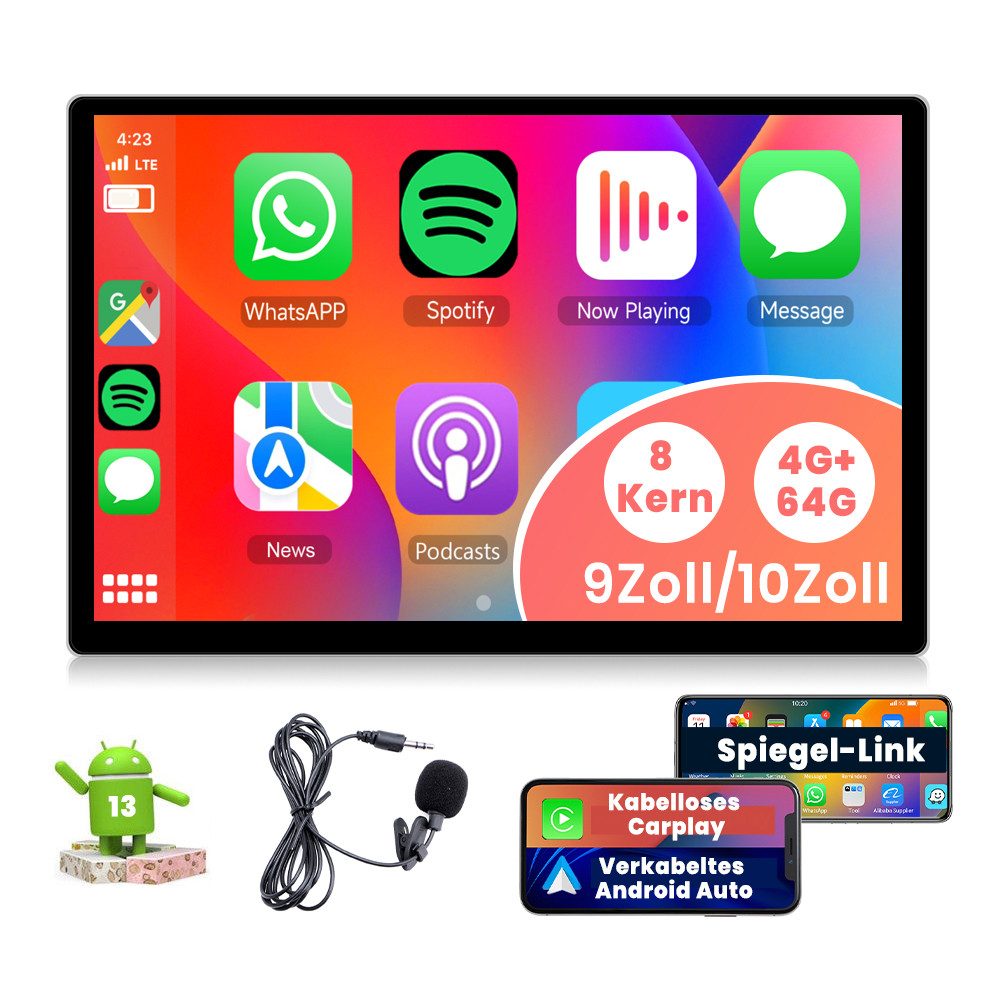 Hikity 2Din 13.1'' Android 13.0 universal Car Multimedia Player 8-core 4+64G Autoradio (GPS, Carplay&Andorid auto, mirro link, DSP, WIFI&4G, Bluetooth, FM/AM/RDS radio, 2K Touchscreen HD)