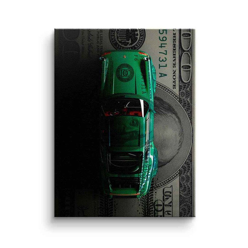 DOTCOMCANVAS® Leinwandbild, Leinwandbild Porsche green Dollar car Geld Motivation Erfolg schwarz g ohne Rahmen