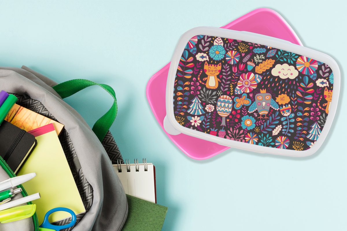 MuchoWow Lunchbox für Muster Brotdose Kinder, Blumen, Erwachsene, Kunststoff, rosa Snackbox, - - (2-tlg), Katze Eule Kunststoff Brotbox Mädchen, 