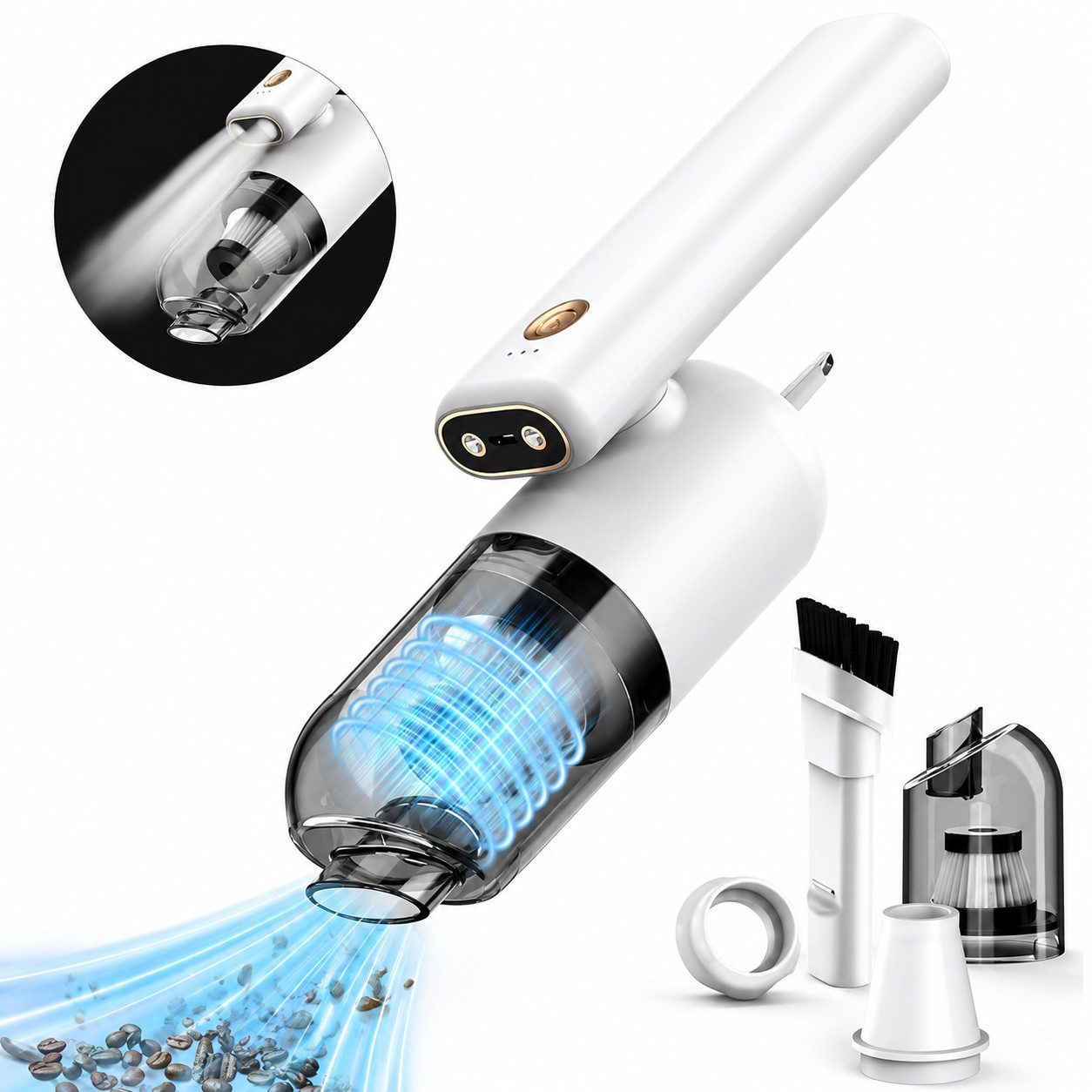 MOPUEA Akku-Handstaubsauger Handstaubsauger 3 in 1 Auto-Staubsauger,USB aufladbar Mini Staubsauger, 70 W, beutellos, enthält Saugdüsen, Staubbehälter, Reinigungsbürste usw.