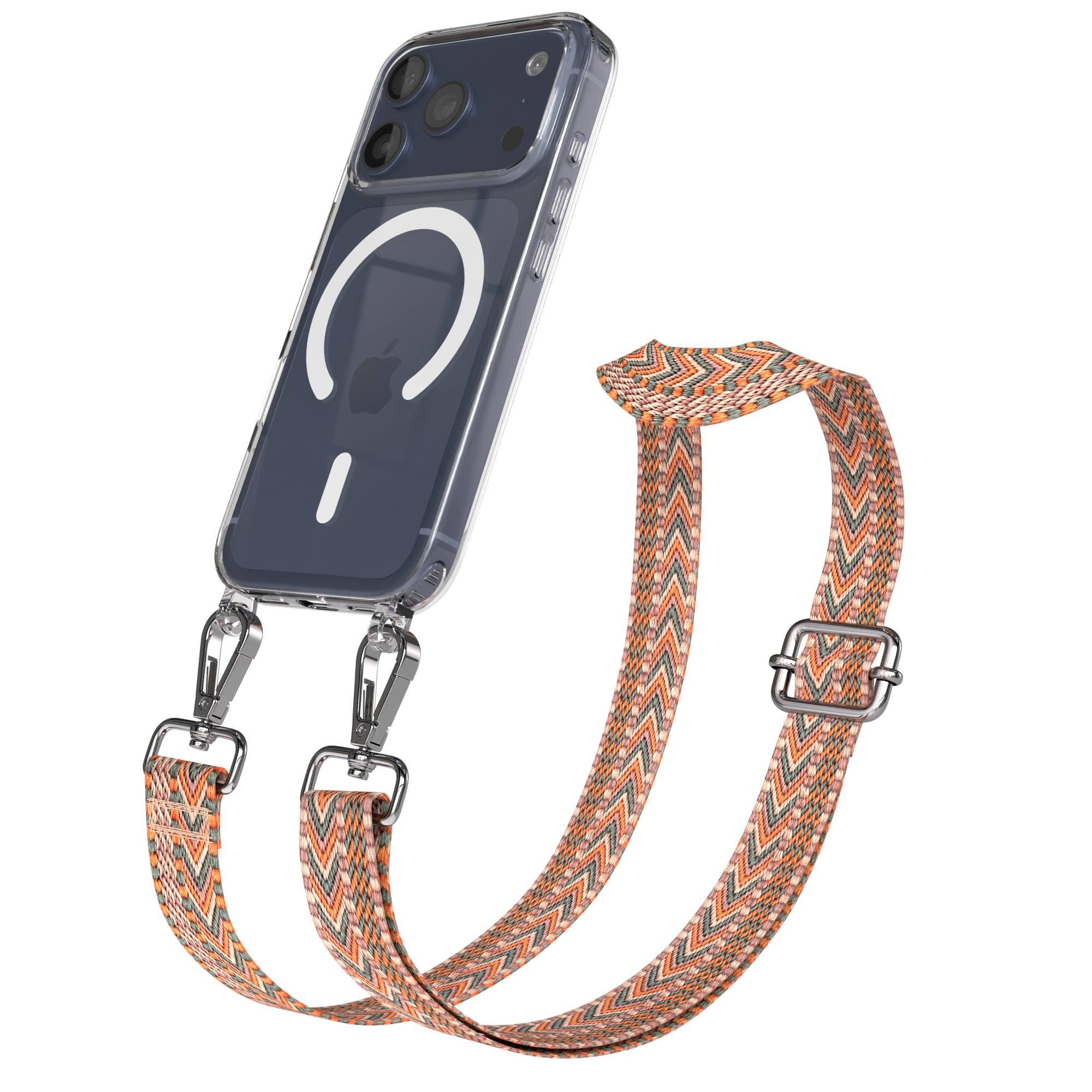 EAZY CASE Handykette Umhängeband MagSafe Hülle für Apple iPhone 17 Pro 6,3 Zoll, Flache Kordel für Handy Ketten Style Silikon Case MagSafe Orange