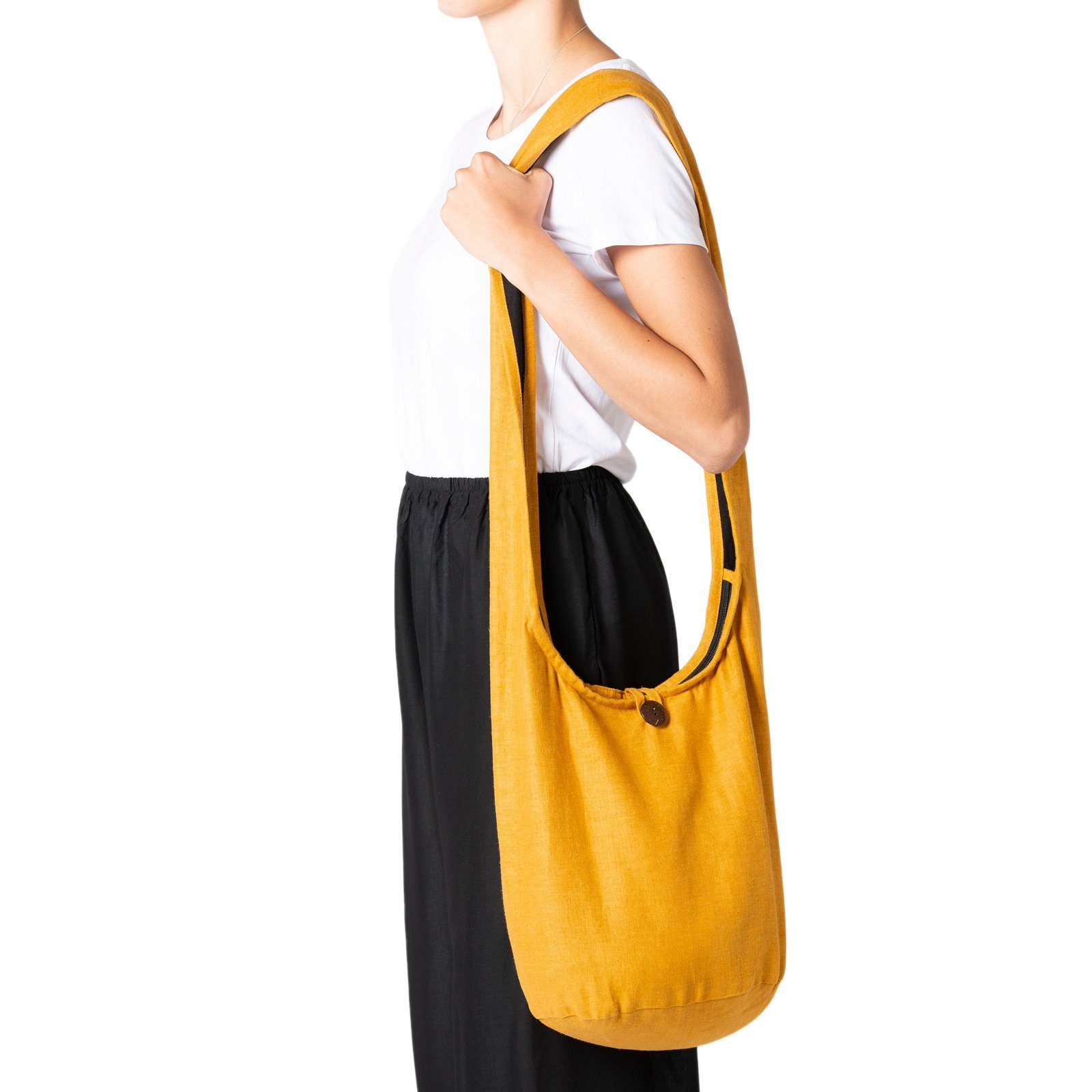 PANASIAM Yogatasche Schulterbeutel einfarbig Schultertasche aus Hanf in 2 Größen, Umhängetasche auch als Wickeltasche Handtasche oder Strandtasche safrongelb