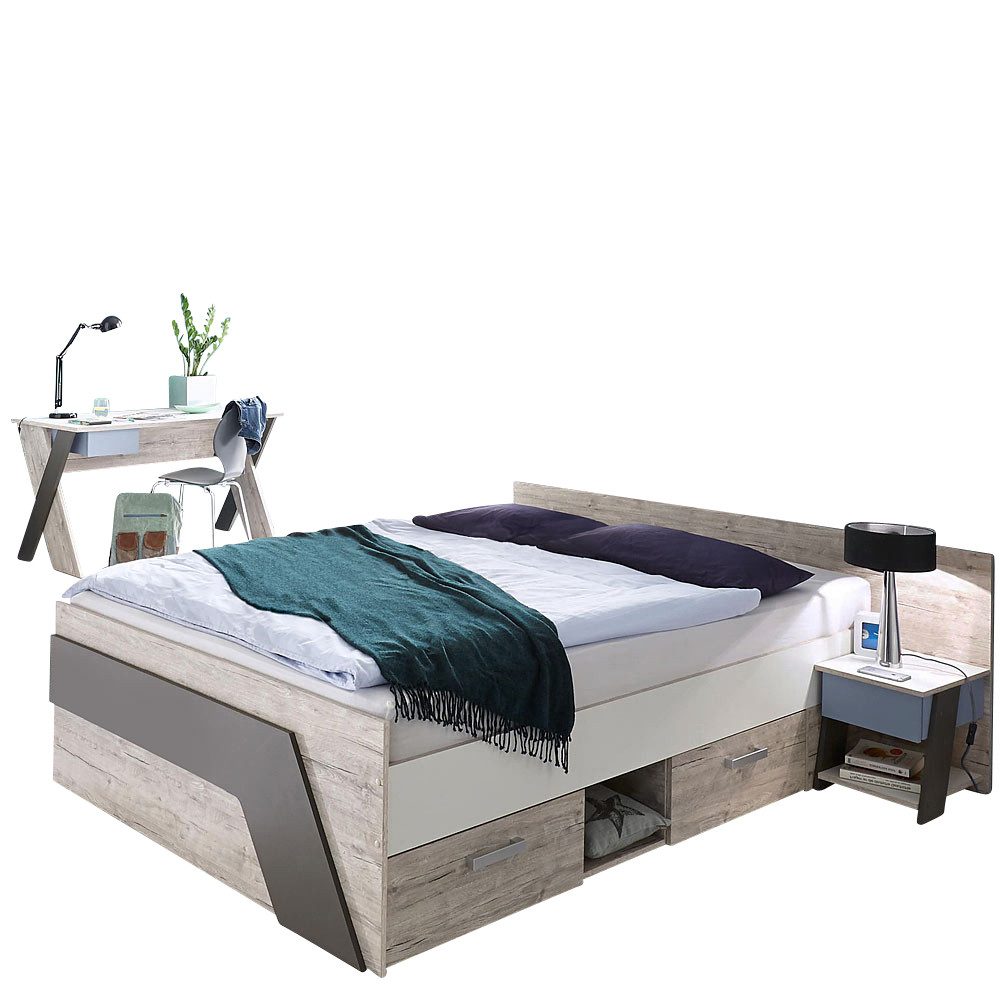 Lomadox Jugendzimmer-Set LEEDS-10, (Sparset, 3-tlg), Sandeiche Nb. mit weiß Lava und Denim Blau