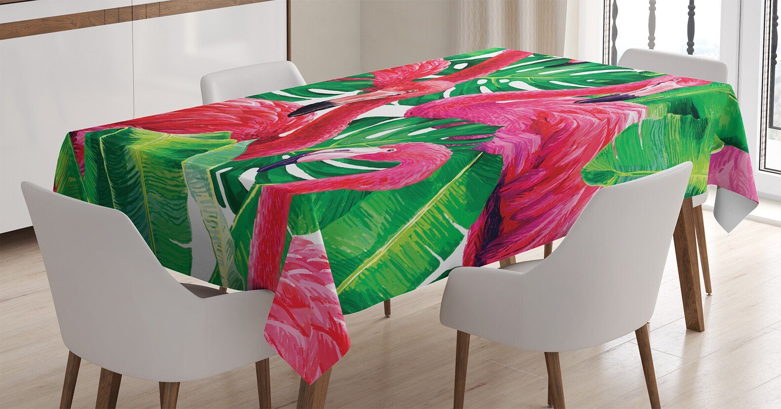 Abakuhaus Tischdecke Farbfest Waschbar Für den Außen Bereich geeignet Klare Farben, Flamingo Retro exotische Blätter