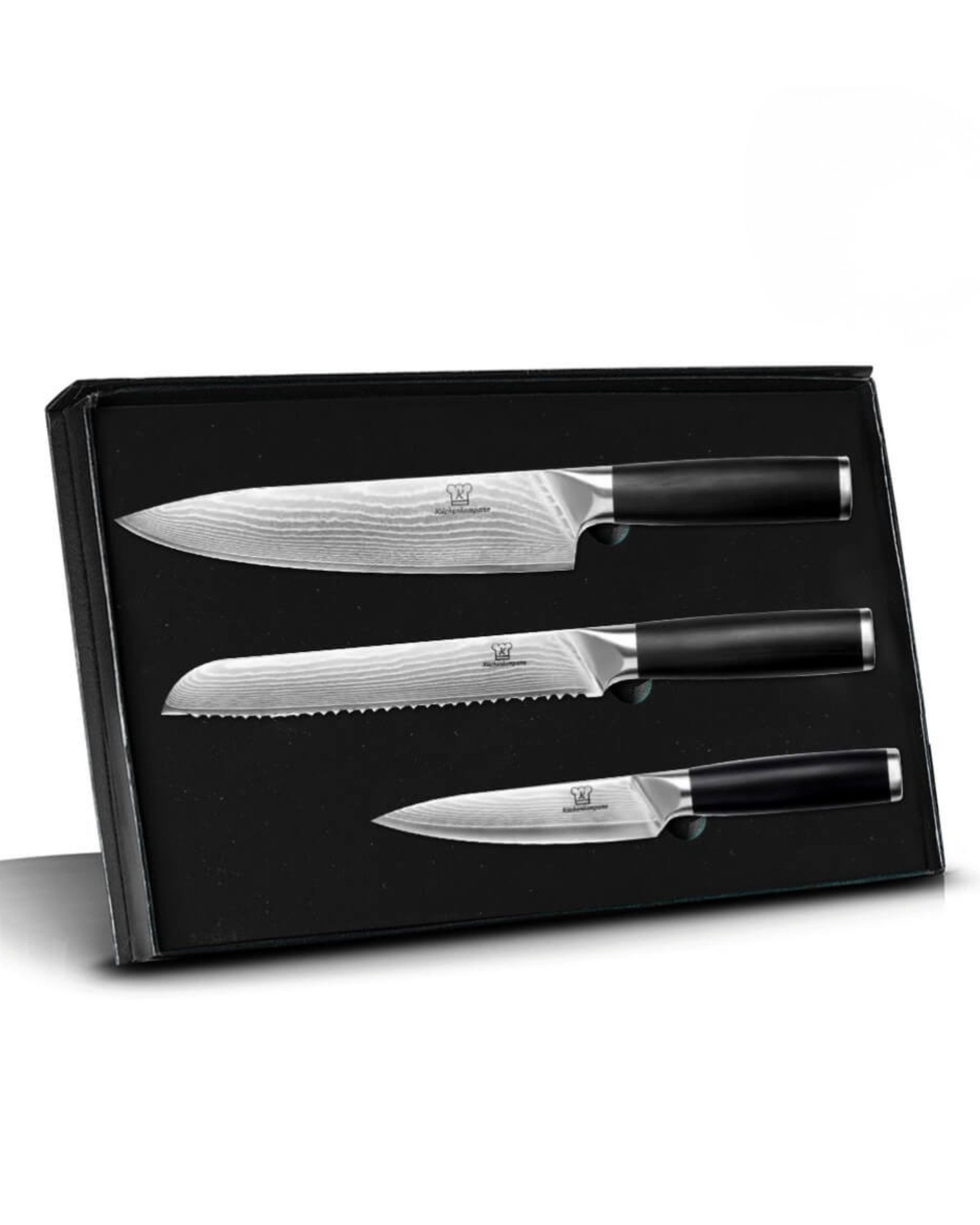 Küchenkompane Messer-Set Küchenkompane 3-tlg. Damast-Messerset Okami inkl. Chefmesser (3-tlg), 3-teiliges Set, 67 Lagen Damaststahl, 62 HRC, Edelstahlgriff
