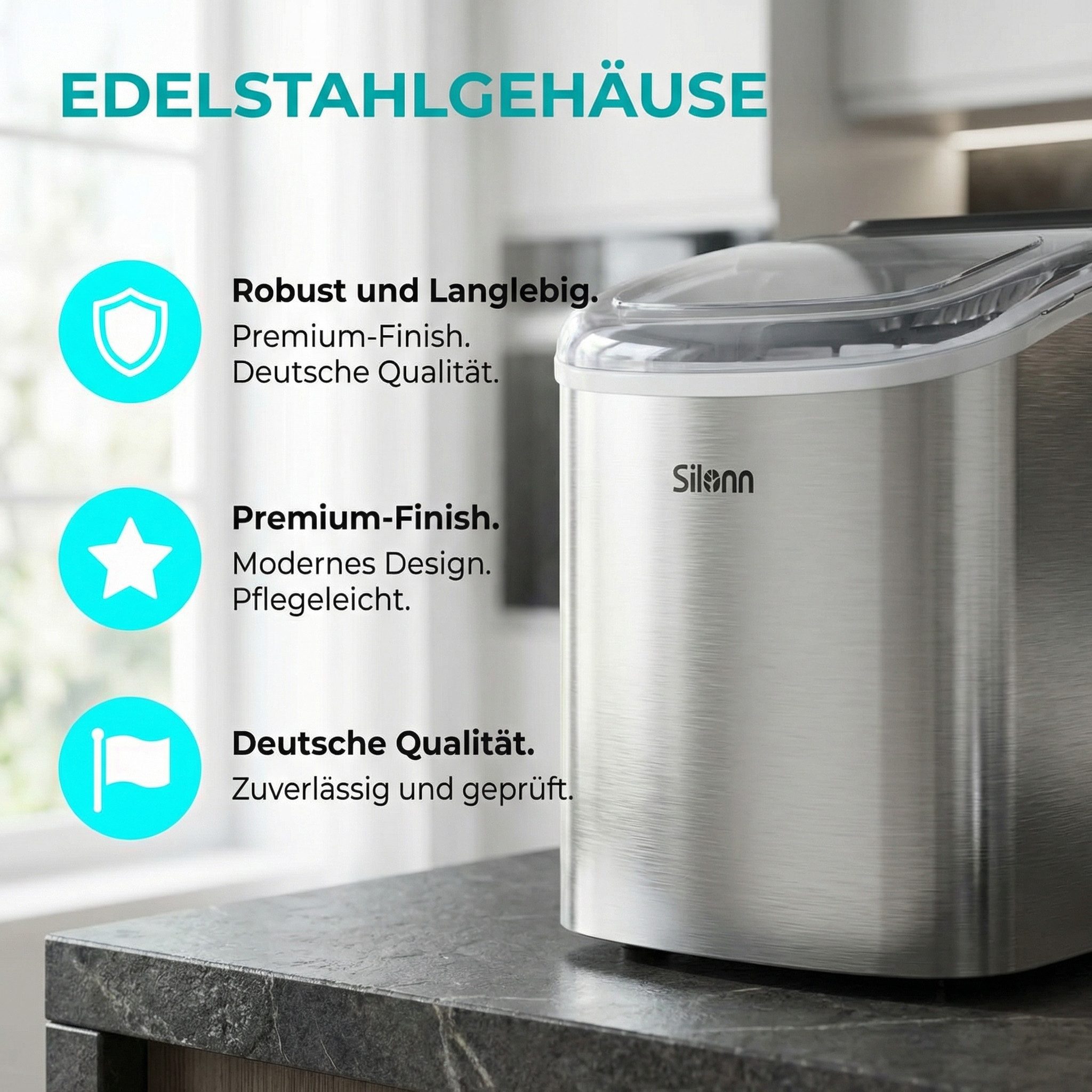 Silonn Eiswürfelmaschine Eiswürfelmaschine kompakt, 2 Eisgrößen, Selbstreinigung, tragbar, 6-minütige Eisherstellung