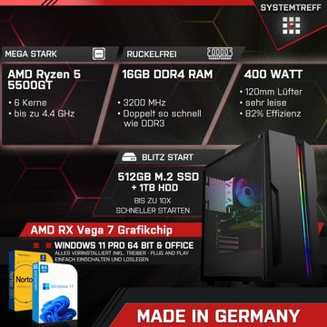 SYSTEMTREFF Basic Gaming-PC (AMD Ryzen 5 5500GT, RX Vega 7, 16 GB RAM, 1000 GB HDD, 512 GB SSD, Luftkühlung, Windows 11, WLAN)