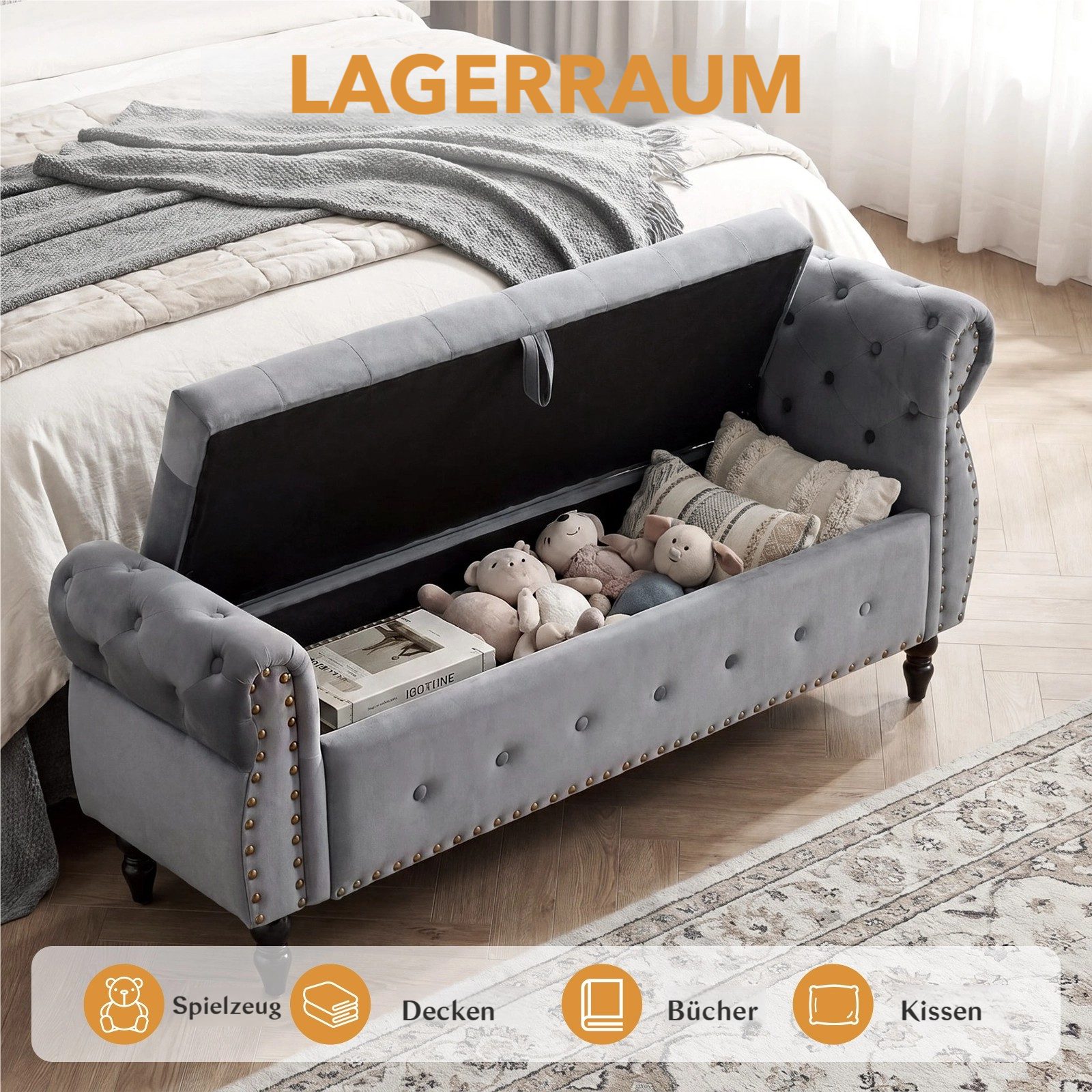 TLGREEN Bettbank Doppel-Polsterbank mit Stauraum, klassischer Knopfpolsterung, (stabiler Holzrahmenkonstruktion, multifunktionale Sitzbank), für Schlafzimmer, Wohnzimmer und Flur