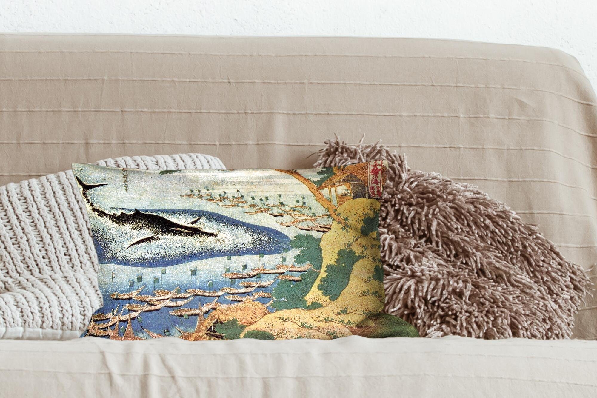 von - Dekoration, Gemälde Katsushika Wohzimmer Ein Wal Füllung, MuchoWow bei Dekokissen Hokusai, mit Goto Zierkissen, Schlafzimmer Dekokissen