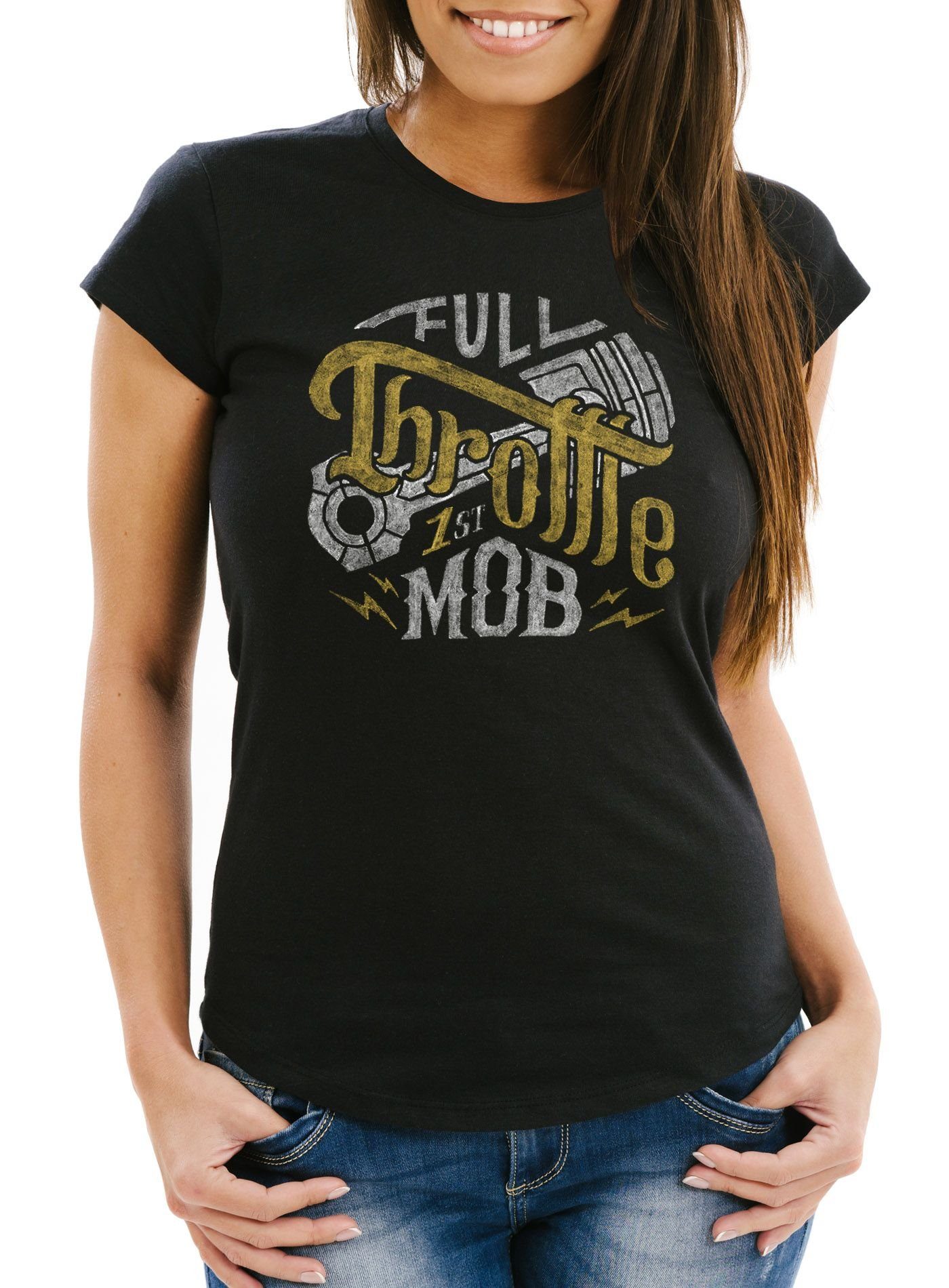 Neverless Print-Shirt Damen T-Shirt Biker Motorrad Full Throttle Vollgas Slim Fit mit Print