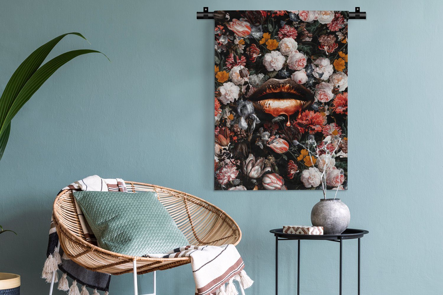 Wand, Wohnzimmer, - Orange an Wanddekoobjekt Tapisserie, Alte MuchoWow Abstrakt - Lippen - für Blumen Meister, Schlafzimmer Kunst Deko - - - Farbe der