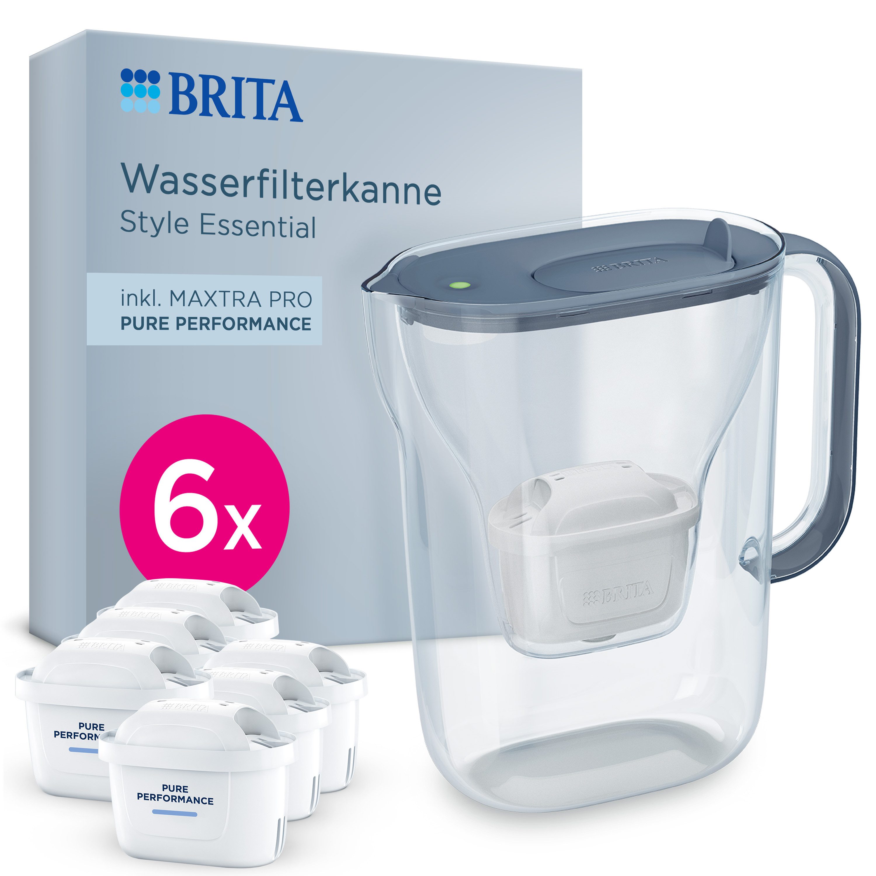 BRITA Wasserfilter Kanne MAXTRA Style Essential blau (2,4l), 6x Pure Performance Filter, Filterkanne mit Filterwechselanzeige, reduziert Verunreinigungen
