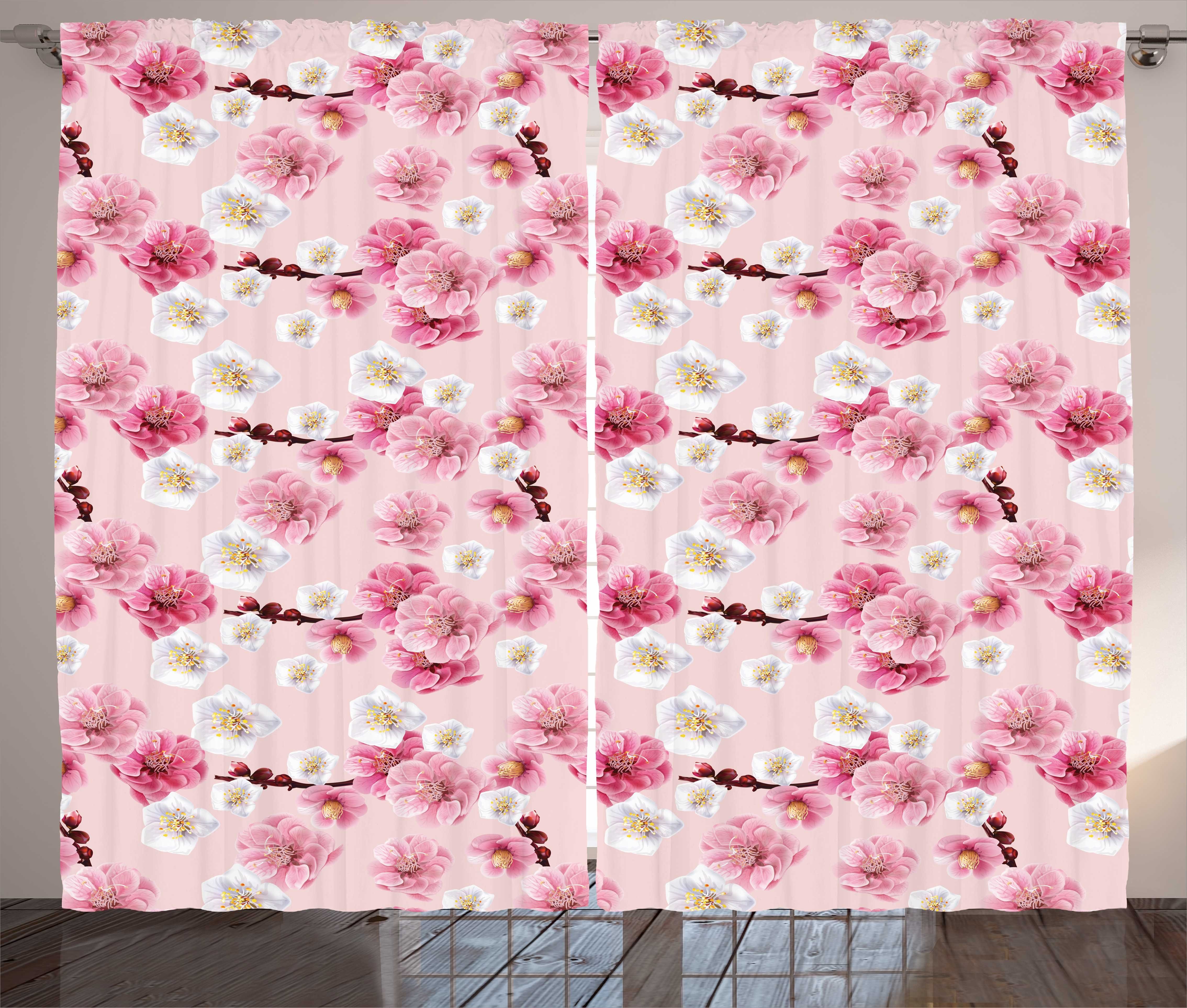 Gardine Abakuhaus, Chinesische Blumen Vorhang Kräuselband Schlafzimmer Schlaufen mit und Blüten-Muster Haken,