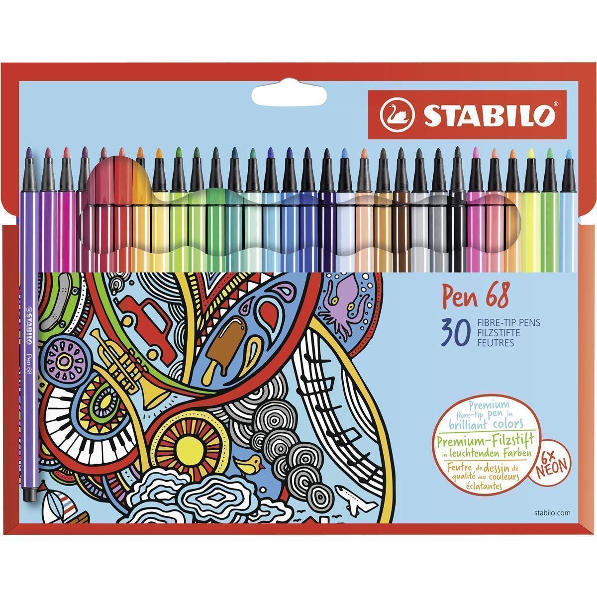 STABILO Faserstift STABILO Pen 68 Filzstift - 1 mm - 30er Etui - Kartonetiu