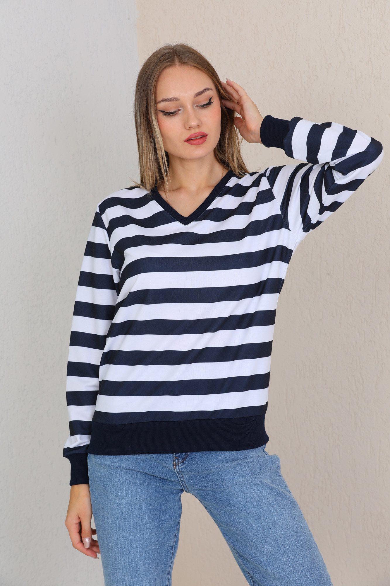 Bongual Sweatshirt langarm Streifen V-Ausschnitt dunkelblau-weiß günstig online kaufen