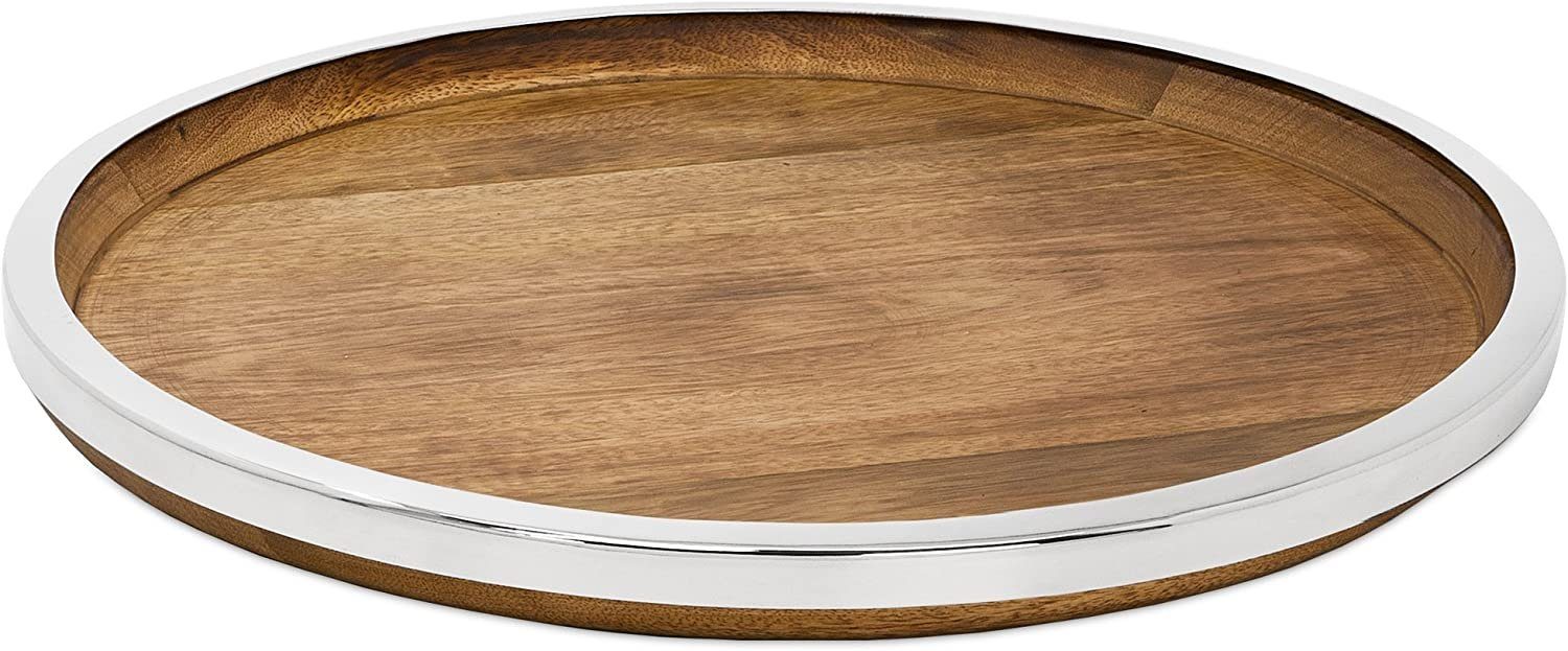 EDZARD Dekotablett Cincinnati, Dekotablett, rund, Mangoholz, Edelstahl, vernickelt, Ø 40 cm