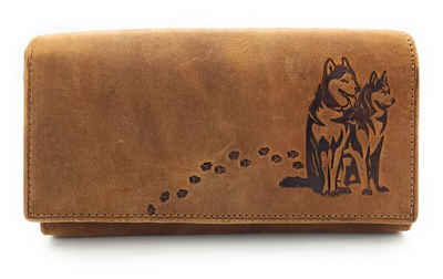 JOCKEY CLUB Geldbörse echt Leder Damen Portemonnaie mit RFID Schutz Husky, Geldbeutel mit geprägten Huskies und Pfotenabdrücken