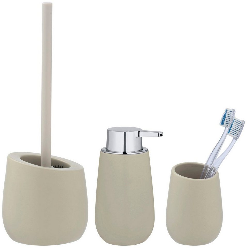 WENKO Badaccessoire-Set Badi, Set, 3 tlg., aus hochwertiger Keramik, WC- Garnitur inklusive strapazierfähiger WC-Bürste mit integriertem Randreiniger