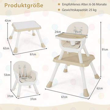 COSTWAY Hochstuhl, 6in1 Kindersitzgruppe, mit Sicherheitsgurt, abnehmbarem Tablett