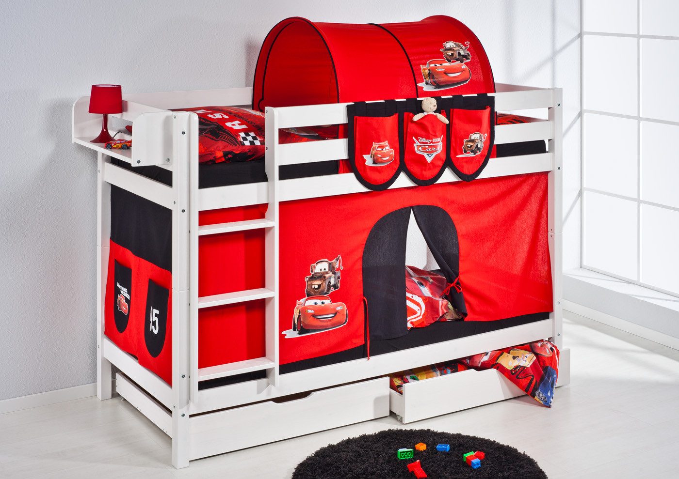 Lilokids Etagenbett JELLE Disney Cars - Hochbett - weiß - inkl. Vorhang und 2 Lattenrosten