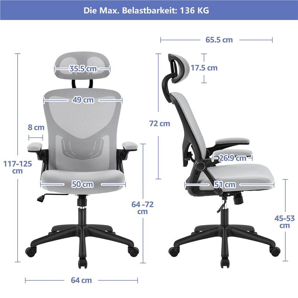 Kopfstütze, kg bis mit Schreibtischstuhl, und Belastbar Armlehnen Yaheetech Wippfunktion, hellgrau 136