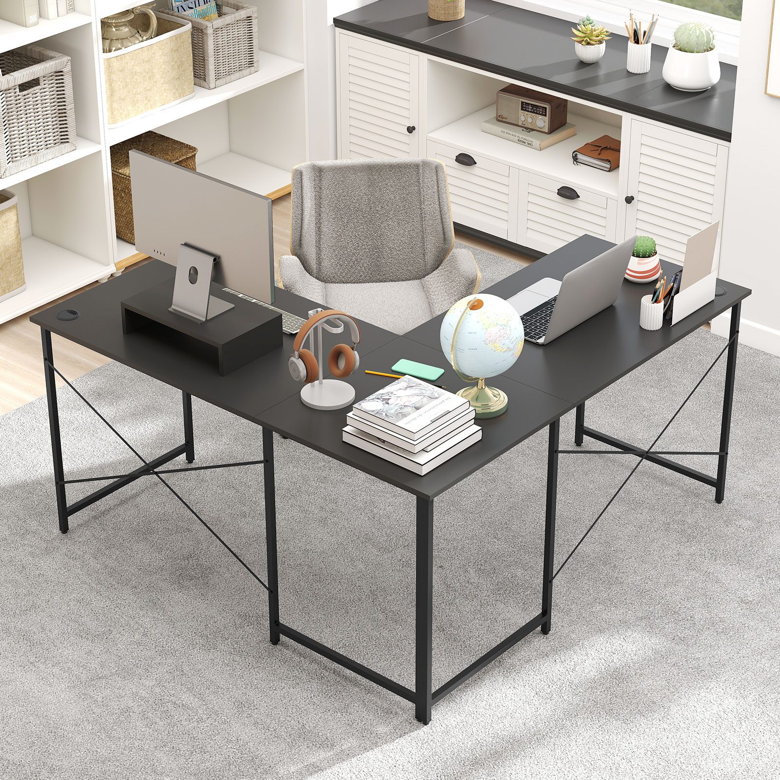 COSTWAY Eckschreibtisch, Reversibler Schreibtisch in L-Form mit Kabellöchern