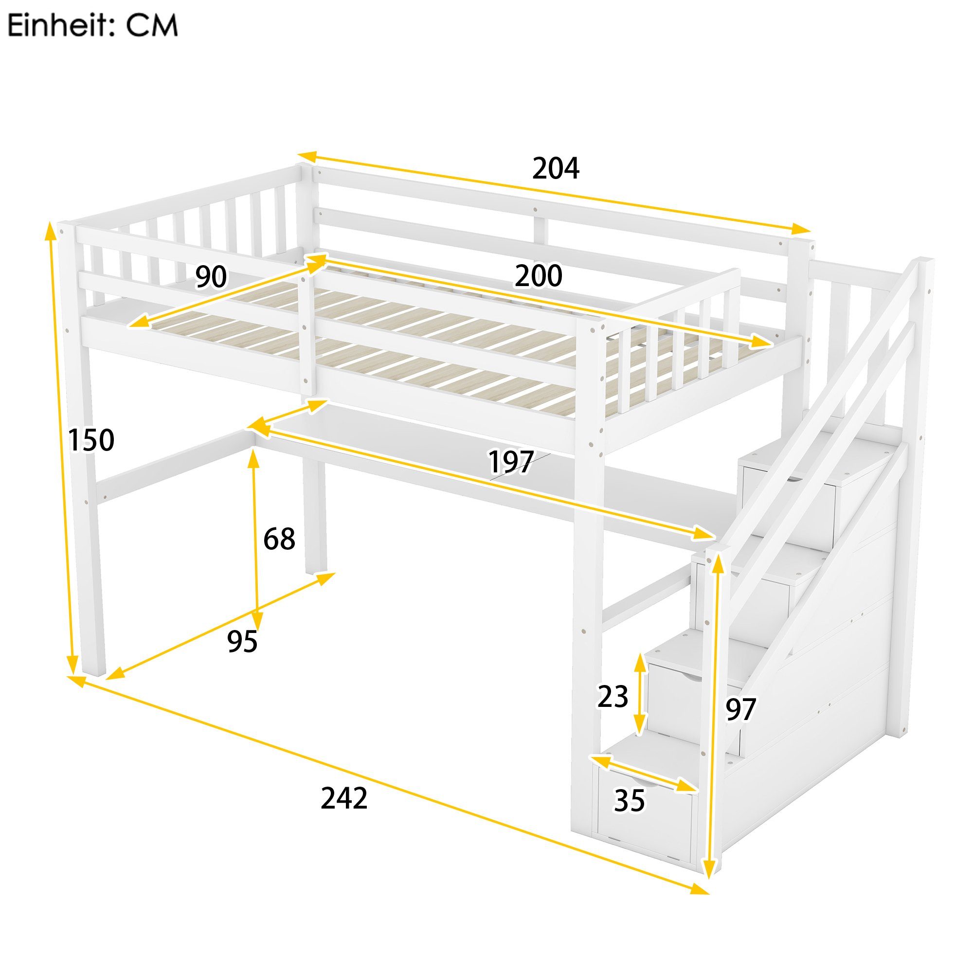 Matratze Holzbett Weiß Kinderhochbett Funktionsbett Kinderbett cm WISHDOR ohne Stauraumbett 90x200 (mit und Stauraumschubladen Unterbettschreibtisch),