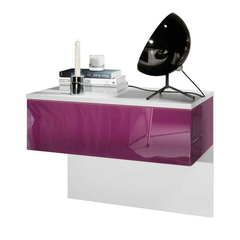 Vladon Nachttisch Sleep (Nachttischschrank, mit Schublade zur Wandmontage), Weiß matt/Brombeer Hochglanz (60 x 46 x 35 cm)