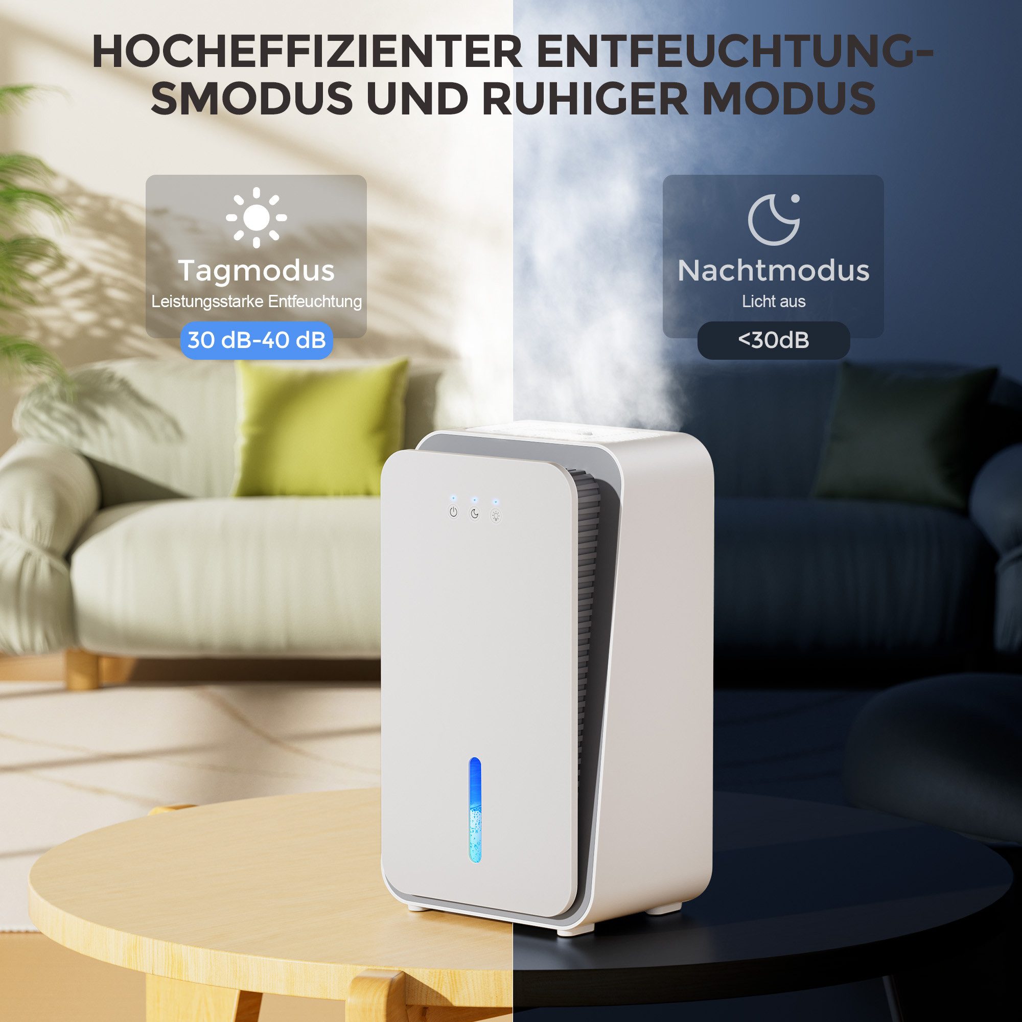 Teendow Luftentfeuchter CS08 Luftentfeuchter mit LED-Licht, 2.5 L tank, 1.1L/tag, Leiser, Entfeuchtung 1,1 l/Tag, Tank 2,5 l, Automatisches Auftauen