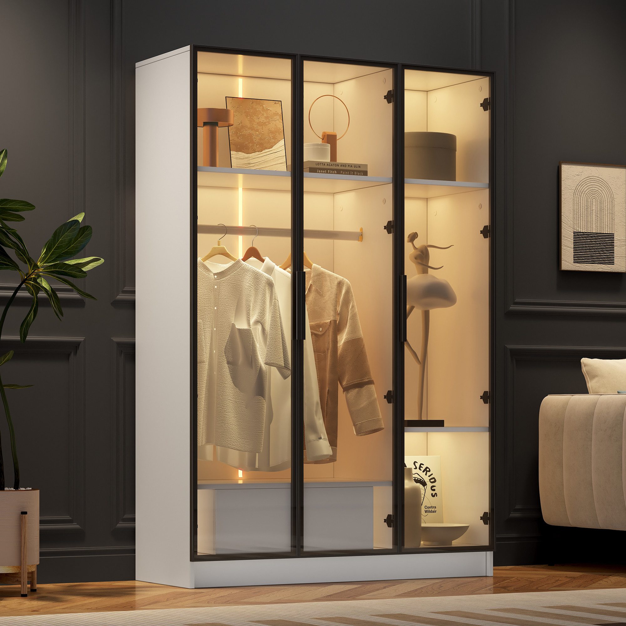 HAUSS SPOLE Kleiderschrank mit 3 Glastüren, 1 Schublade und 1 Kleiderstange günstig online kaufen