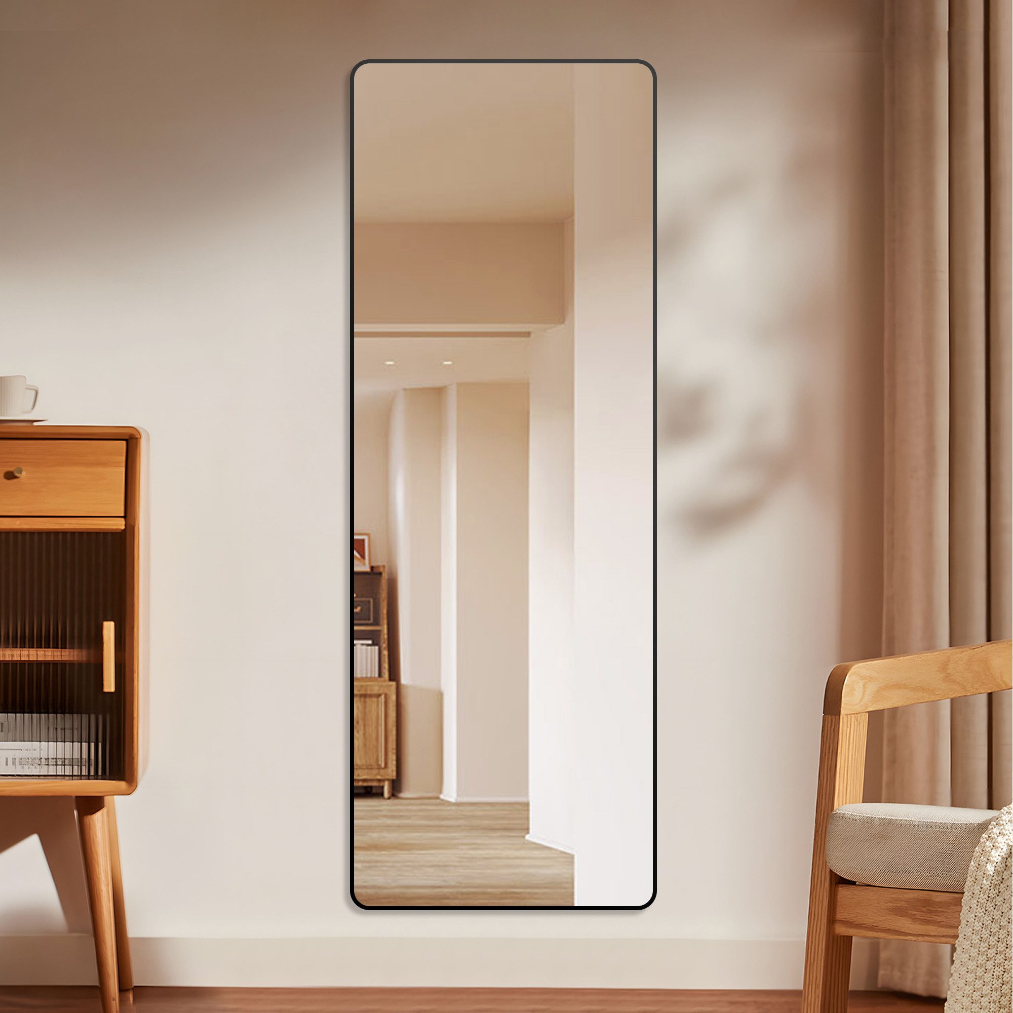 Hopibath Standspiegel Ganzkörperspiegel Schwarz mit Alurahmen 150x50 160x40 140x40 (Wandspiegel Groß, für Kinderzimmer, Wohnzimmer, Flur), 4 Installationsmethoden