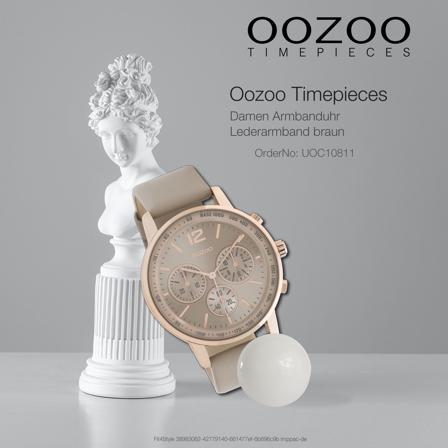 OOZOO Quarzuhr rund, (ca. braun Damen Oozoo Fashion-Style groß Damenuhr Lederarmband, 42mm) Armbanduhr Analog
