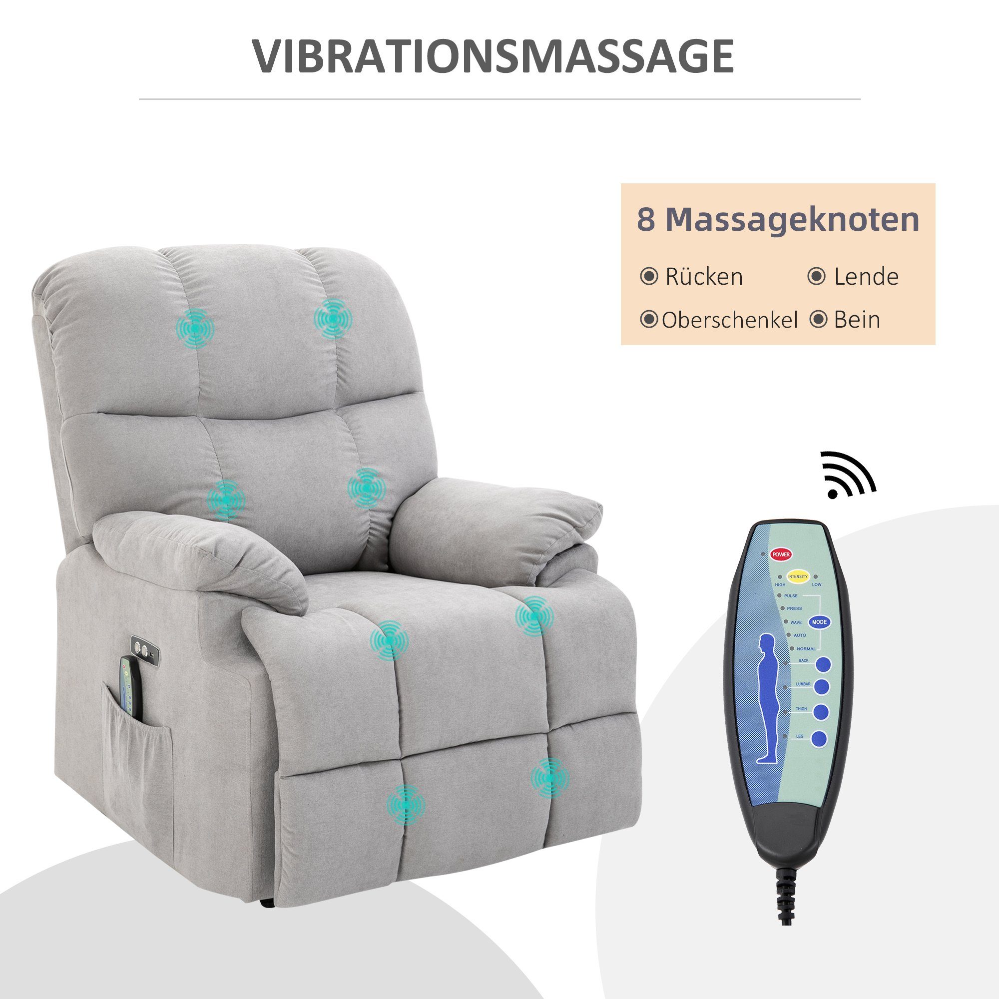 Vibrationsköpfe Fernsehsessel), kg 150 Aufstehhilfe, mit 1-St., Sessel (Relaxsessel, Massagesessel HOMCOM belastbar bis 8