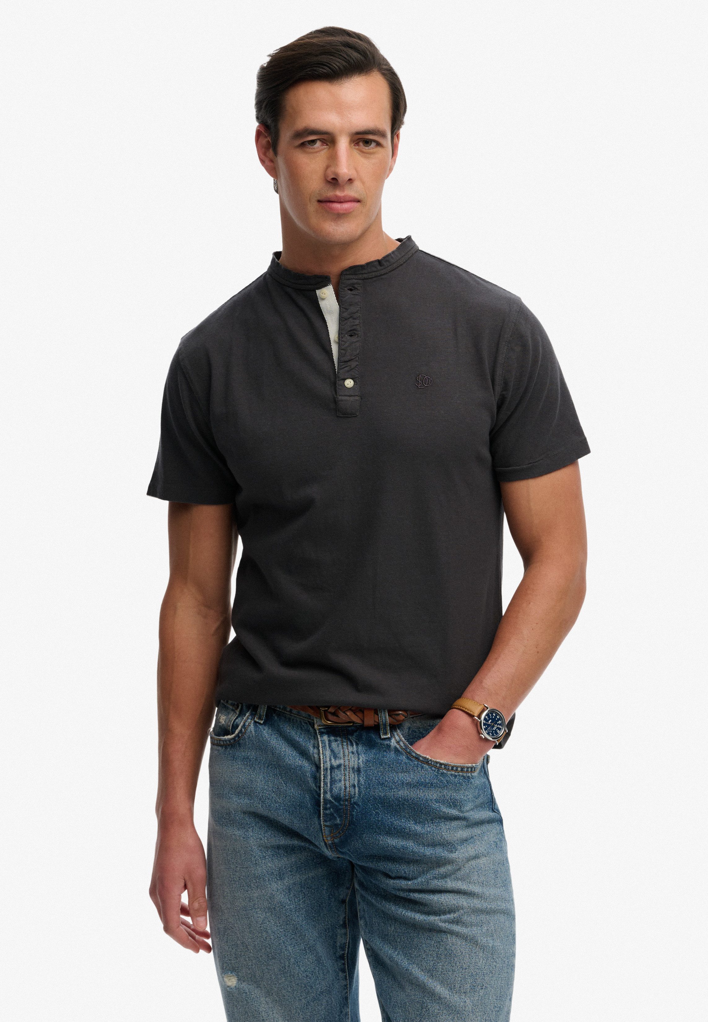 Superdry Herren Klassisches Henley-t-shirt aus Baumwolle und Leinen Dark Grey - Größe: Xxl