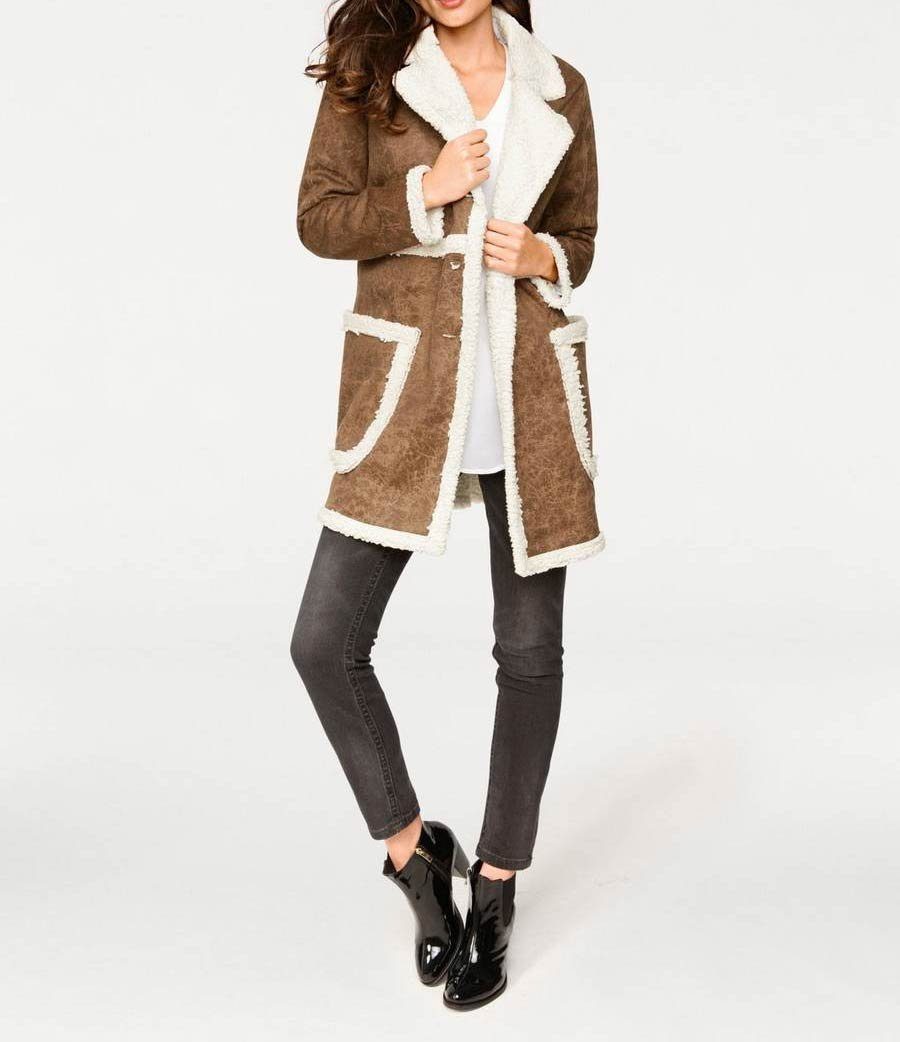 Steppjacke heine cognac-creme Designer-Webpelzmantel, Damen Patrizia Dini