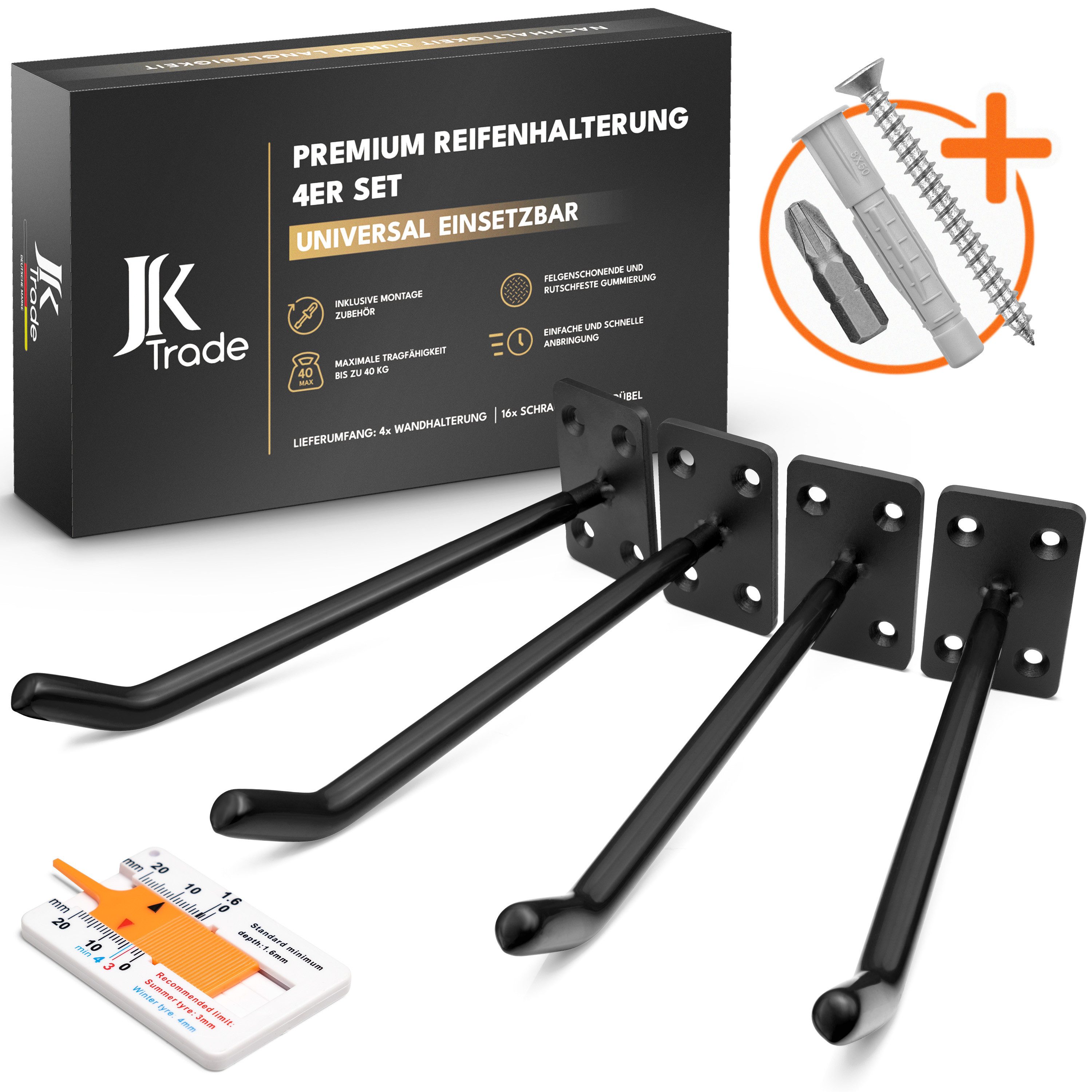 JK Trade Reifen-Wandhalterung 4er Set für Auto Felgen bis 40 kg, (bis 22 Zoll, 4x Reifenhalterung, 16x Schrauben & Dübel, Torx & Profiltiefenmesser, Massiver Stahl mit rutschfester Gummierung)