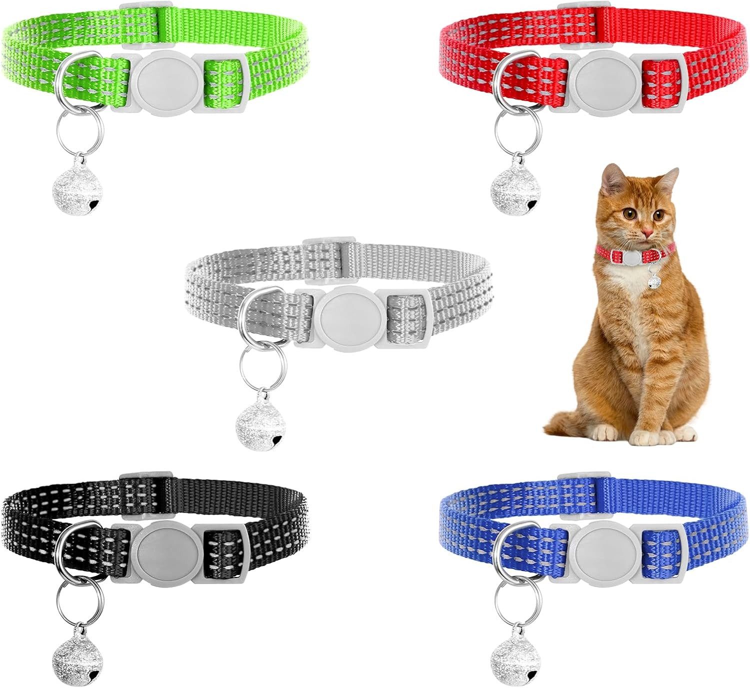 MuffiMau Katzen-Halsband Katzen Halsband reflektierend mit Glöckchen, weich, verstellbar, Nylon, 5er Set verstellbar von 21,5–28 cm – ideal für Katzen & kleine Hunde