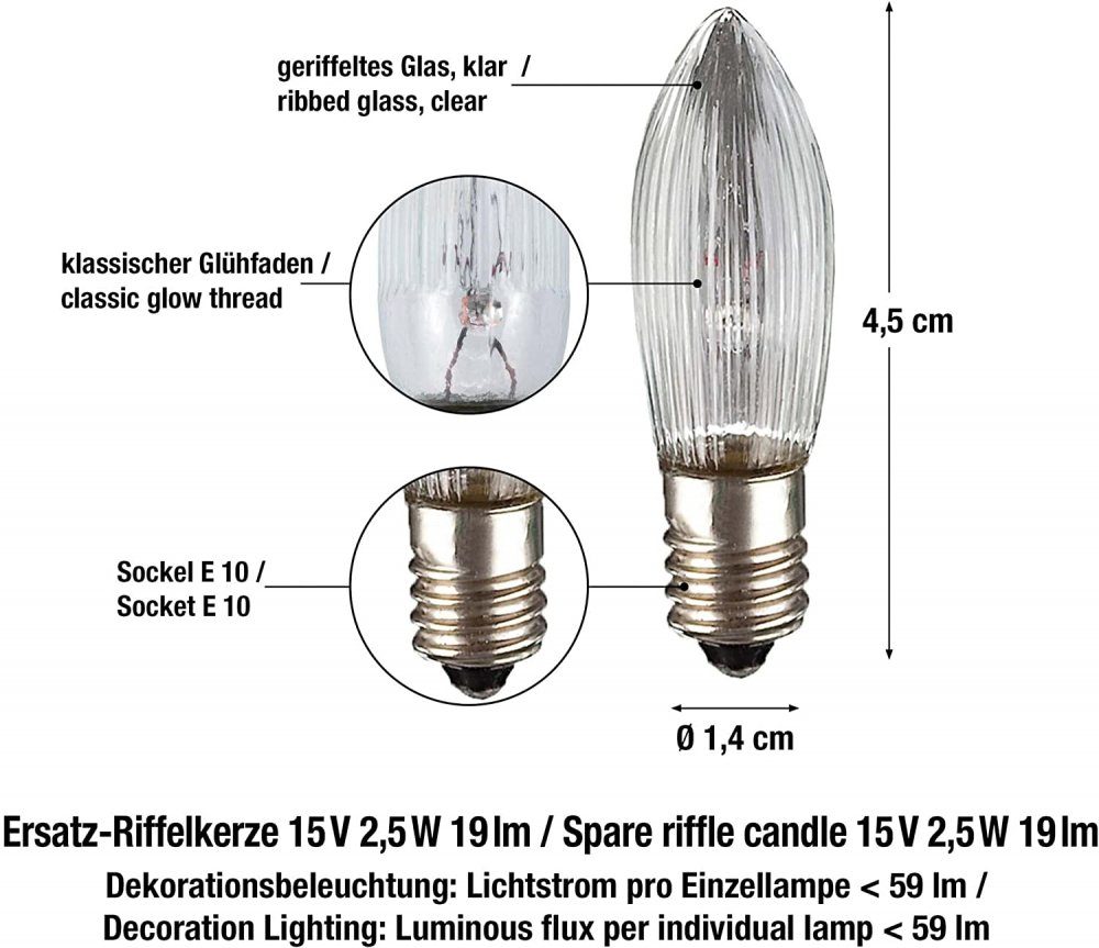 x 2,5W E10 Hellum 15V Riffelkerze LED-Leuchtmittel Hellum klar 3