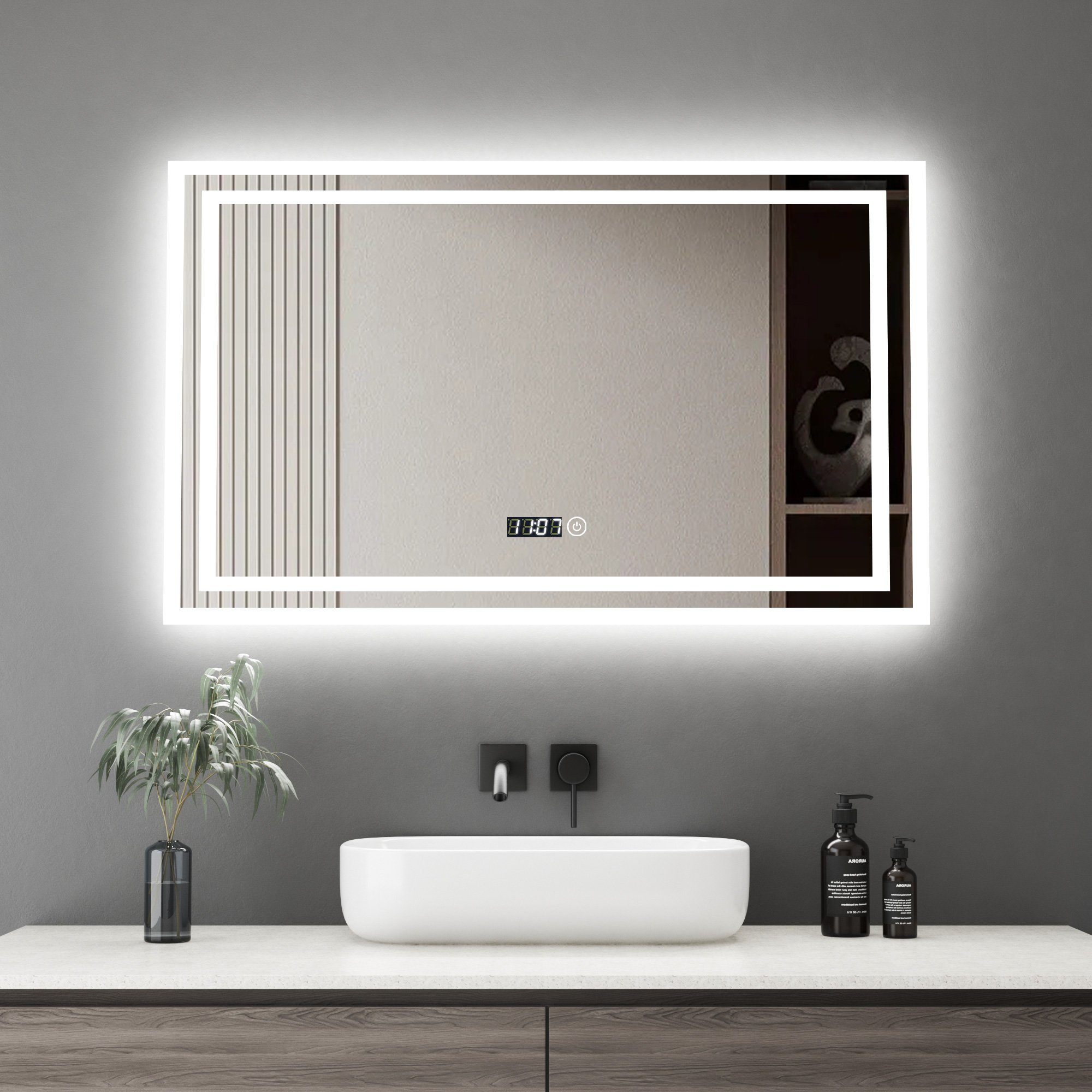 WDWRITTI LED-Lichtspiegel Badspiegel mit LED Beleuchtung 100x60cm ( wasserdicht, staubdicht;Touch-Schalter mit Speicherfunktion;,  Touch/Wandschalter, LED-Anzeige für 24-Stunden-Uhrzeit), 3 dimmbare  Lichtfarben;Speicherfunktion;Digitaluhr