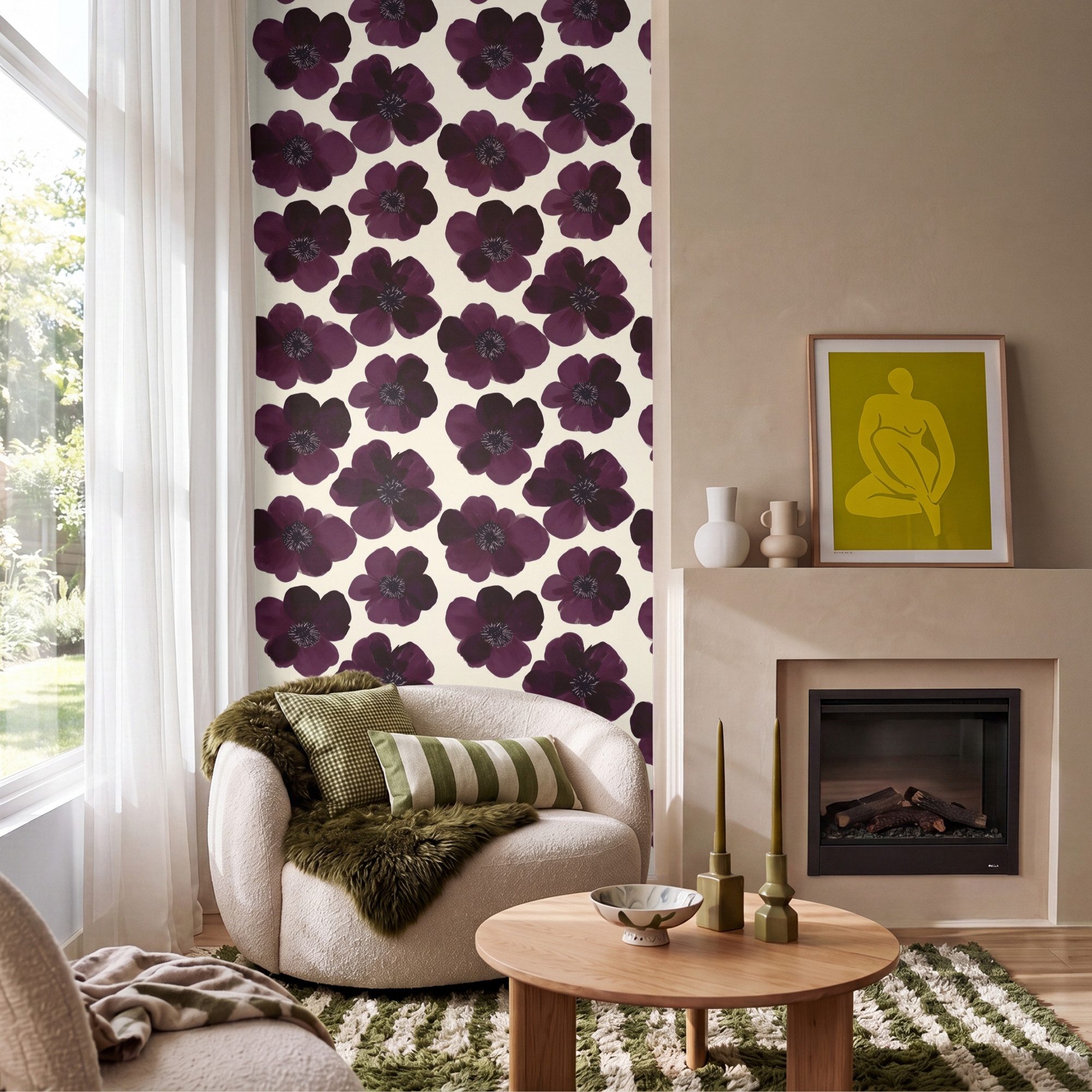 OnlyWow Fototapete Blumen - Aquarell - Lila, Matt, bedruckt, Wandtapete, Schlafzimmer, bedruckt 100x220cm