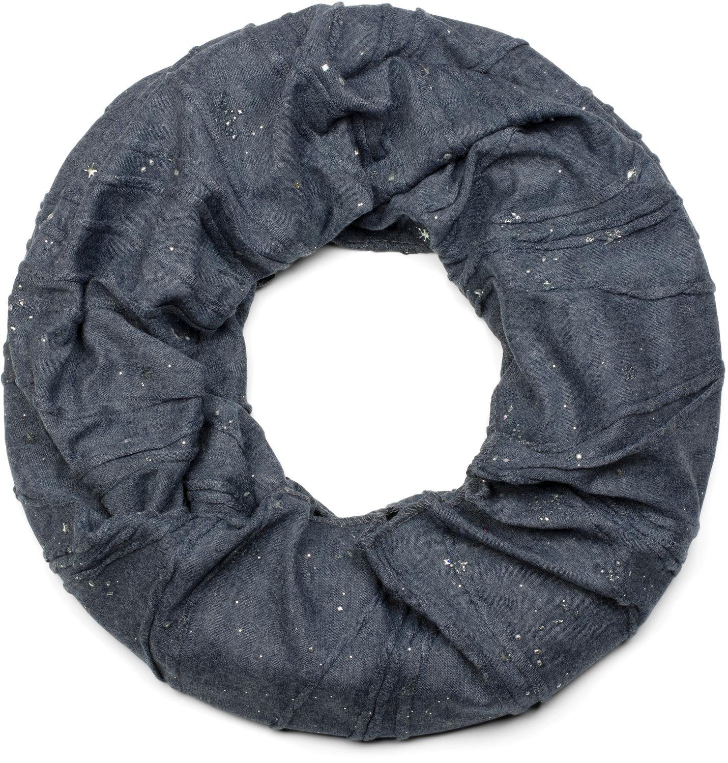 styleBREAKER Loop, (1-St), Loop mit Metall Splashes Pailletten und Sternen Jeansblau meliert