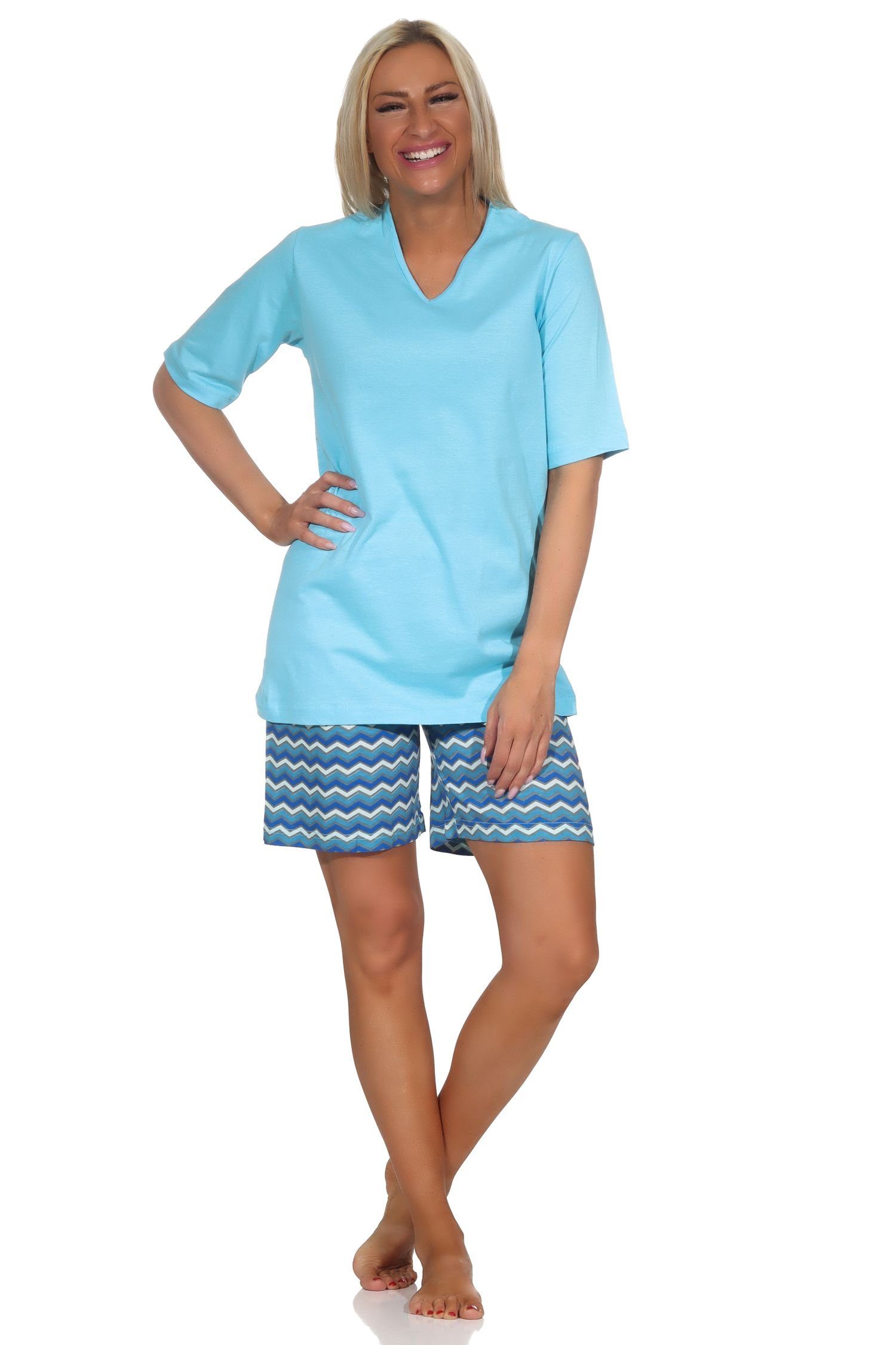 Pyjama Normann kurz in Farben Shorty blau mit gemusterten Damen Shorts Pyjama strahlenden