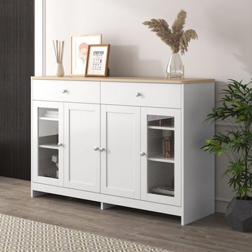 Ulife Sideboard Weiß Küchenschrank mit 4 Türenmit Glas,2 Schubladen, 120x37x80 cm