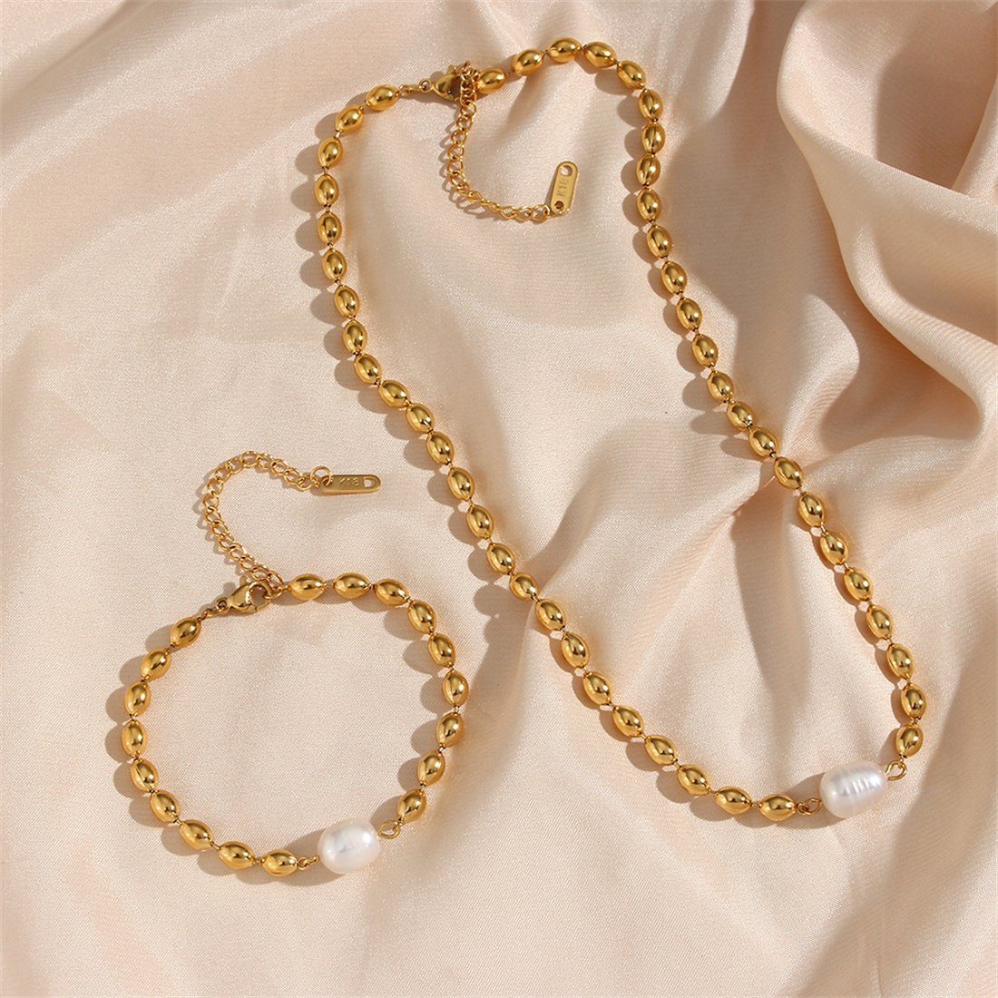 Set 2er Gold Accessoire Damen Mode DÖRÖY Set, Halskette Schmuckset Perlen Armband