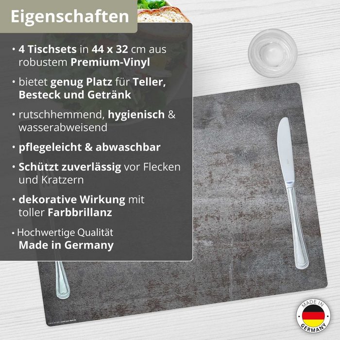 Platzset Tischset Platzset abwaschbar - Stahlplatte Metalloptik Tischsetmacher (aus erstklassigem Vinyl 4-St. 44 x 32 cm / metalloptik) Tischdeko Made in Germany